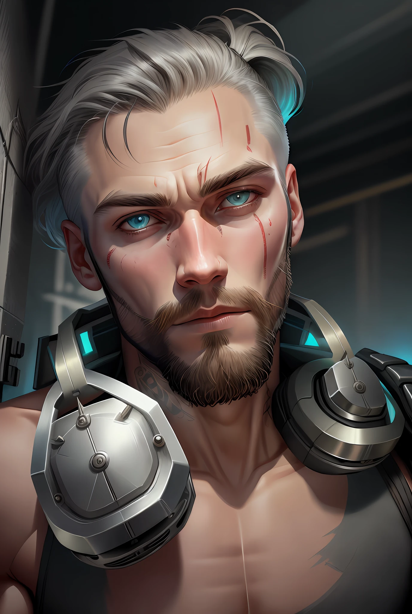 A cybernetic Viking man in the range of 27 years old, barbaric muscular stereotype, with Viking wolf fur coat (Viking mechanical parts: 1.5), fighting, dark bright eyes, short hair, tight supersuit torn, in a destroyed city, smoke and fire, aura of brilliant power, dynamic pose, dynamic vision, hyper detailed, 8k quality, with tattoo on arm, Clock of thorns on the chest and on the headset, merge, hyper realism, with thorns crest viking.Com gray goatee and gray hair, blood dripping down the face.