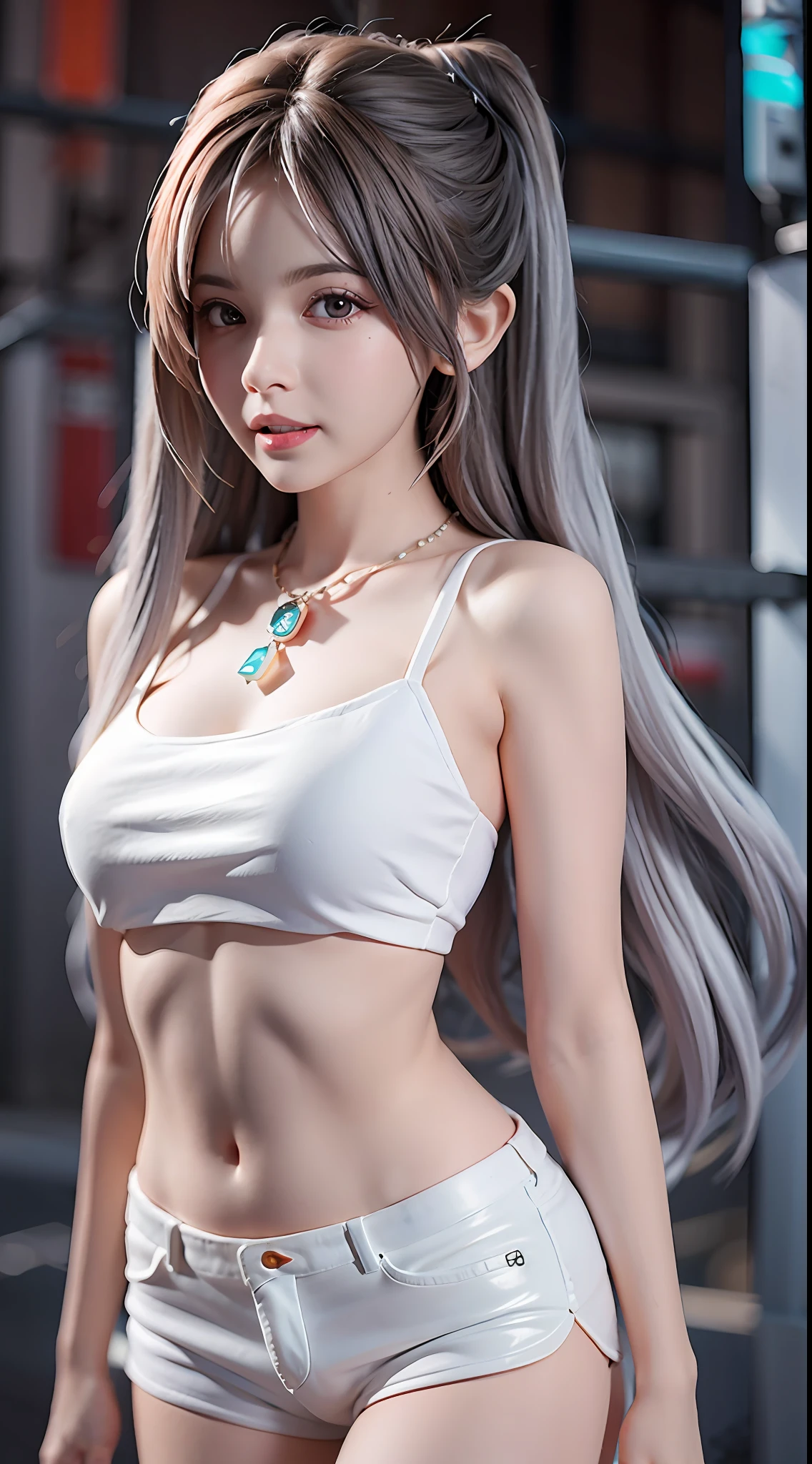 Figures, urban beautiful girl college students, masterpieces, light makeup, red lips, silver hair, messy long hair, street background, beautiful, elegant. Ultra-fine details, master works, real texture, cinematic lighting realism, perfect work, 8k, HD, exquisite facial features, white tight open-cut top, transparent white tight shorts, slim figure, bright big eyes, smooth skin, earrings, necklace, tattoos