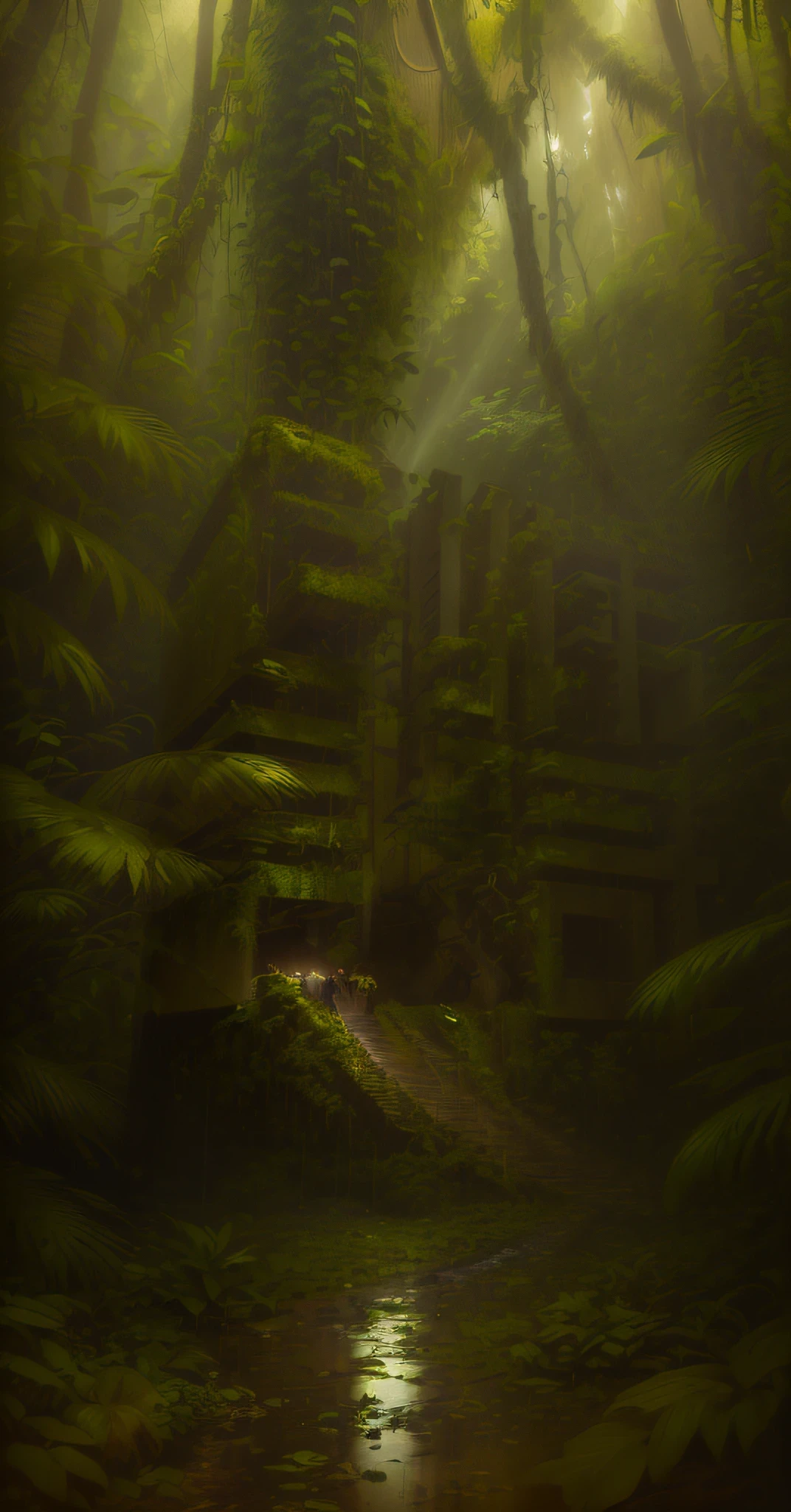In a jungle there is a huge prehistoric concrete building with a big sign covered with moss rust, there is a little boy looking at this huge building, surrounded by dense vegetation, and there are streams flowing on the ground, it looks mysterious, heavy rainfall, monochrome, vines everywhere, huge and wet trees, masterpiece, best quality, high quality, very detailed CG uniform 8k wallpaper, oil painting, award winning photography, bokeh, depth of field, HDR, bloom, chromatic aberration, realism, very detailed, Trends on artstation, trends on CGsociety, intricacies, high detail, drama, midjourney art, volumetric lighting