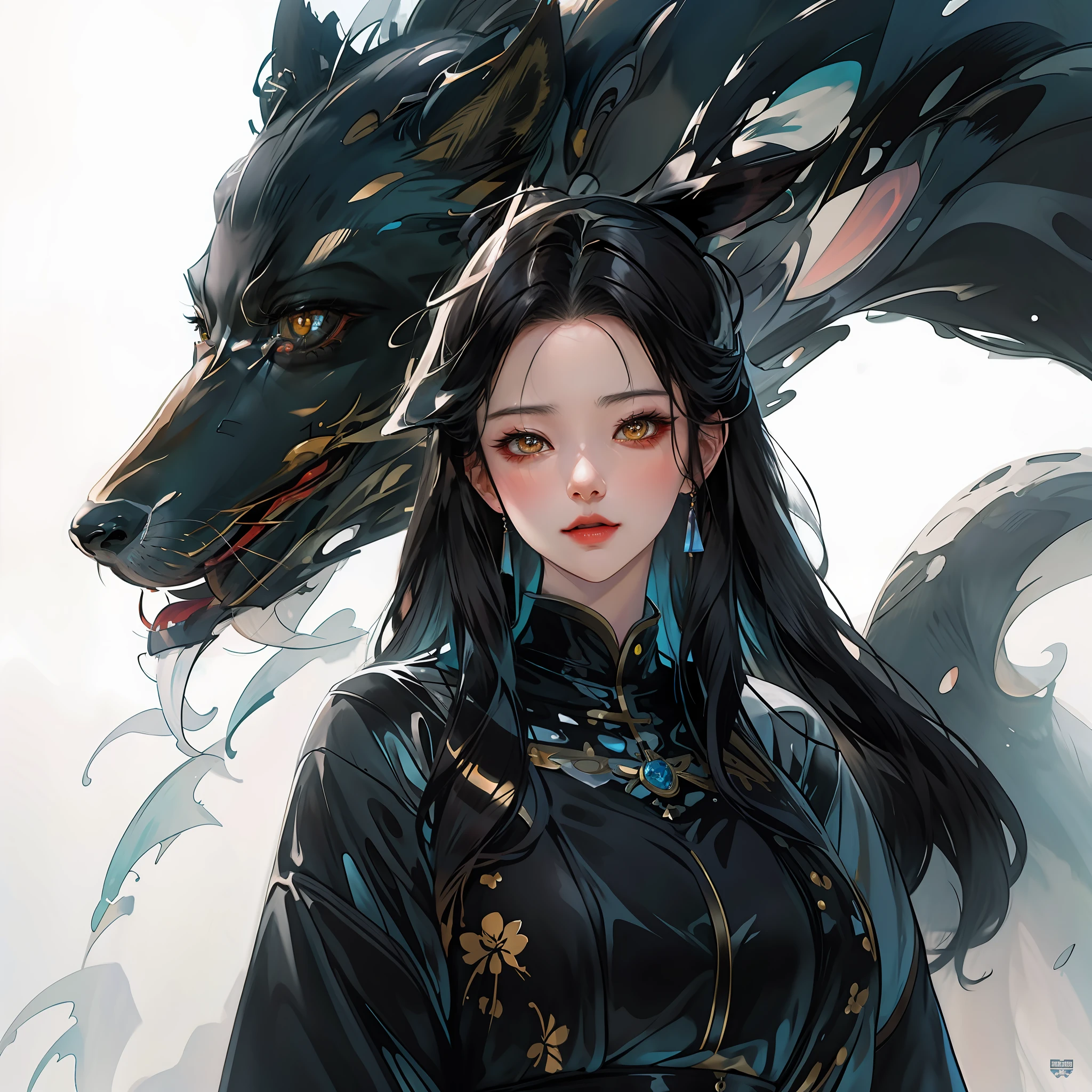 Anime - a long brunette and fluorescent wolf woman style image, by Yang J, artgerm and atey ghailan, a beautiful fox lady, Guweiz, Guvez style artwork, Artgerm and Nguyen Jia, Nguyen Jia and Artgerm, a beautiful fox woman, portrait of a dragon woman