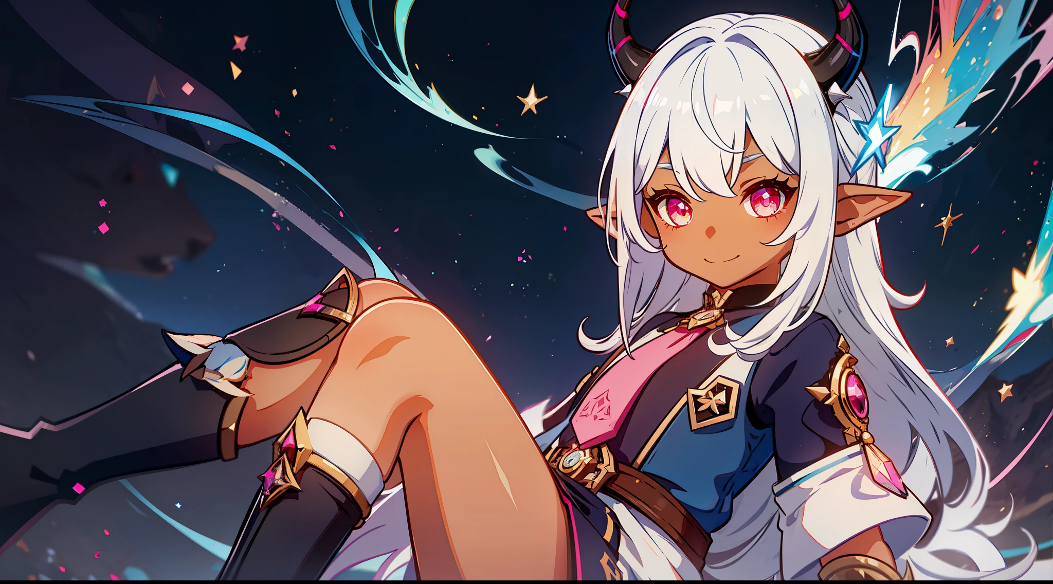 Little girl with small horns and elf ears, smile, dark skin, tan, fantasy skin, red eye, tail, spiky white hair, dark blue uniform, pink tie, pink sock, black boot, galaxy background, electricity, lightning