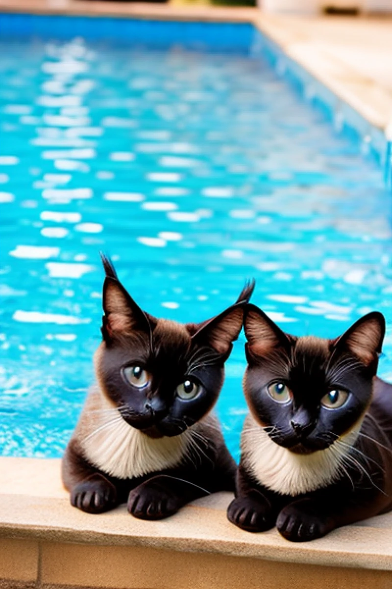 swimming cute two Siamese cats pool