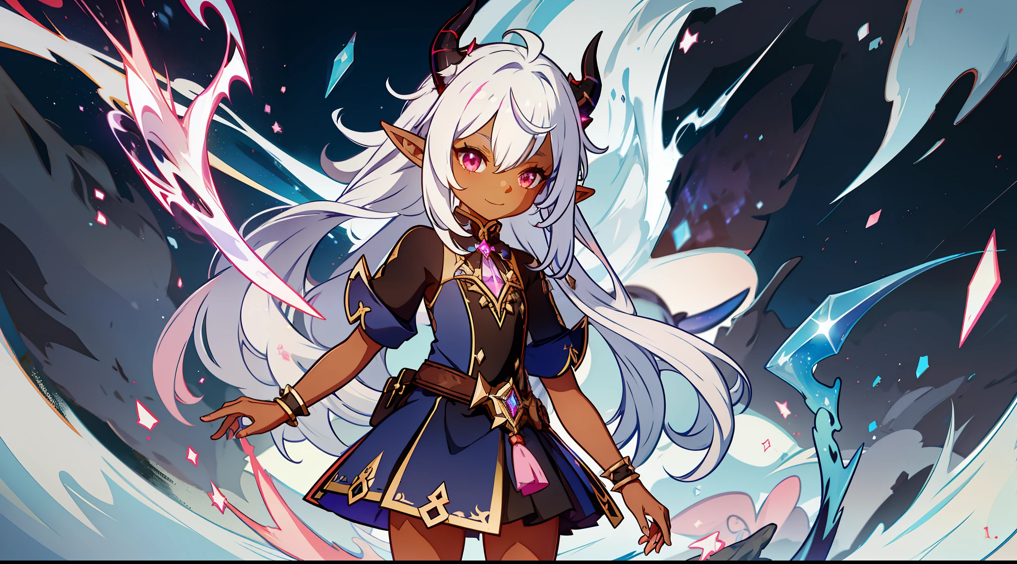  with small horns and elf ears, smile, dark skin, tan, fantasy skin, red eye, tail, spiky white hair, dark blue uniform, pink tie, pink sock, black boot, galaxy background, electricity, lightning