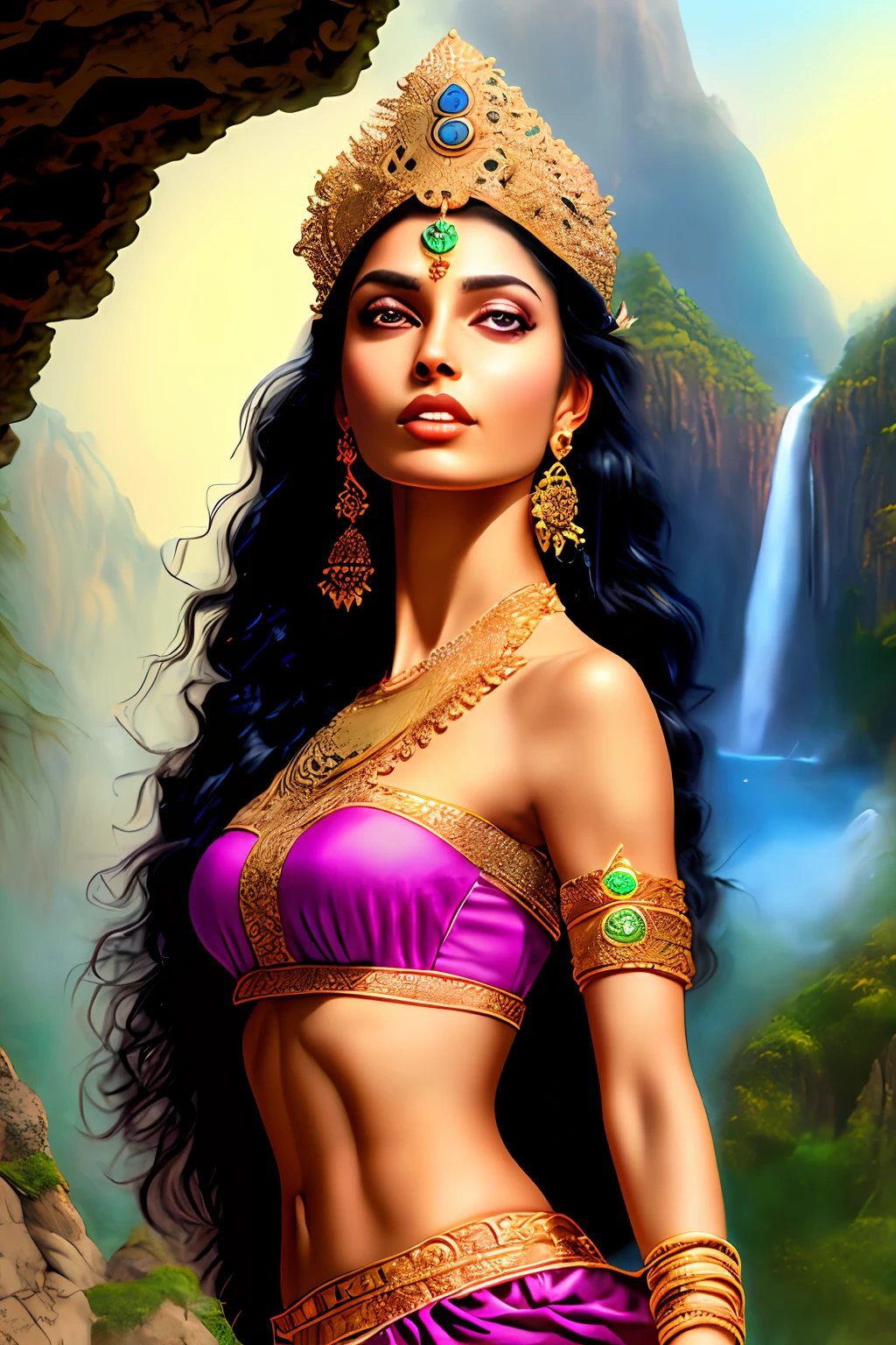 ((realistic:1.5)),((best quality)), ((masterpiece)),((detailed)), (1girl), {a beautiful female wearing a Sari}, (upper body:1.3),super-wide-angle lens,face focus, mature,sexy,toned muscles,long legs,curvy, barefoot, medium breasts, open cleavage, drooping breasts, thick thighs,wide hips, thin legs, green eyes,long black hair,floting hair,long eyelashes, (detailed face,beautiful eye, detailed pupilss,detailed clothes features, clear background:1.3), (Bindi,Jhumkas:1.3), (Armlet, Haar, Payal,Maang Tikka,Jhumkas,Kamarband,Bangles:1.3), mysterious ancient ruin, lush forests, deep canyons,bridge,river,cliff,cloud, lakes,rock,waterfalls, flowers, grass, fog,vine,tree, smoke, best shadow,bright details,sharp,perfect composistion, Intricate, Sharp focus, dramatic, by Frank Frazetta,by Julie Bell,by Olivia De Berardinis,by Luis Royo,by boris vallejo, (specular lighting:1.3),rim light, princesses, royal skimpy underwear, hugging and touching each other, teasing her friend's waist, blushing friend, biting her friend's ear lobe