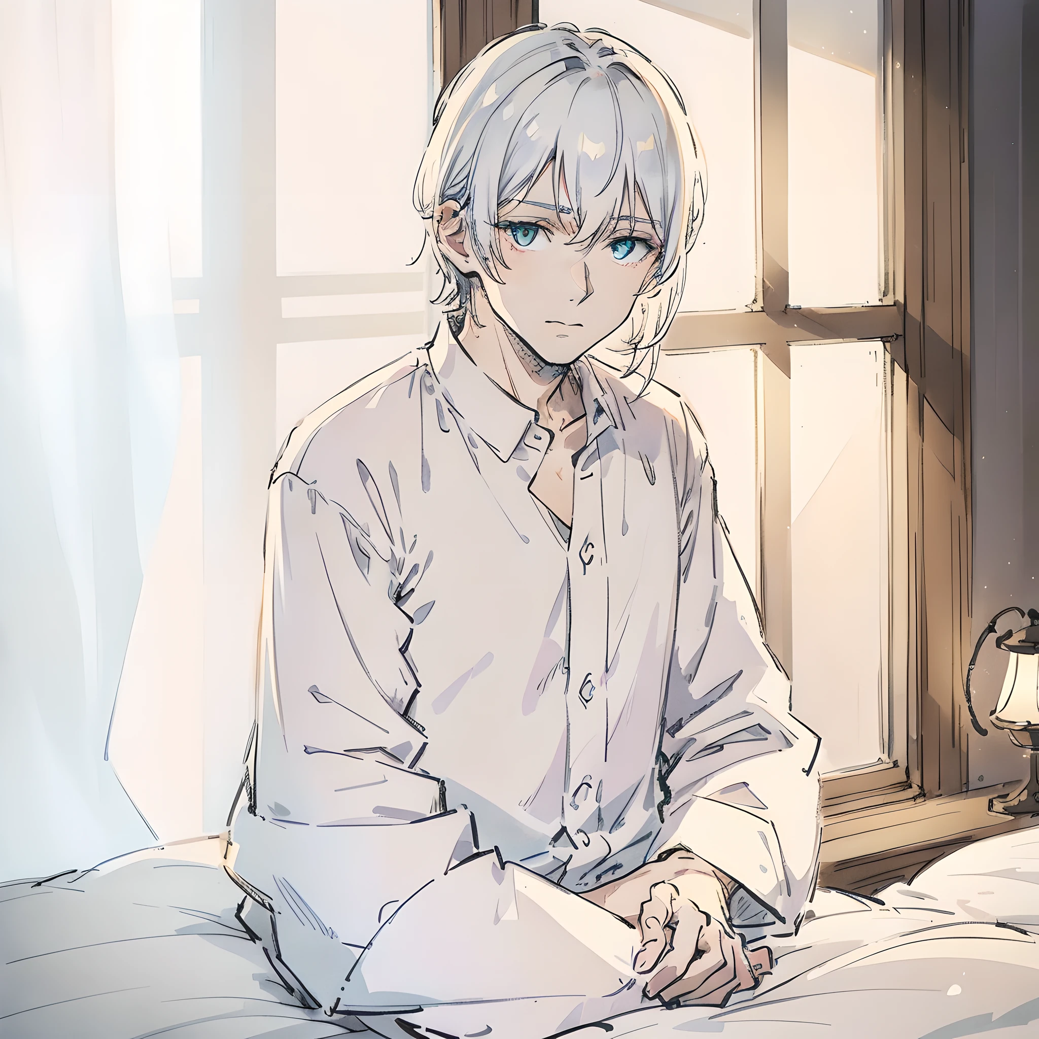 A white-haired man, at night, sitting alone in front of the window, wearing a white shirt, the lamp next to the bed is warm, and outside the window is the night of the city, gentle, gentle face, delicate facial features, perfect light and shadow, masterpiece