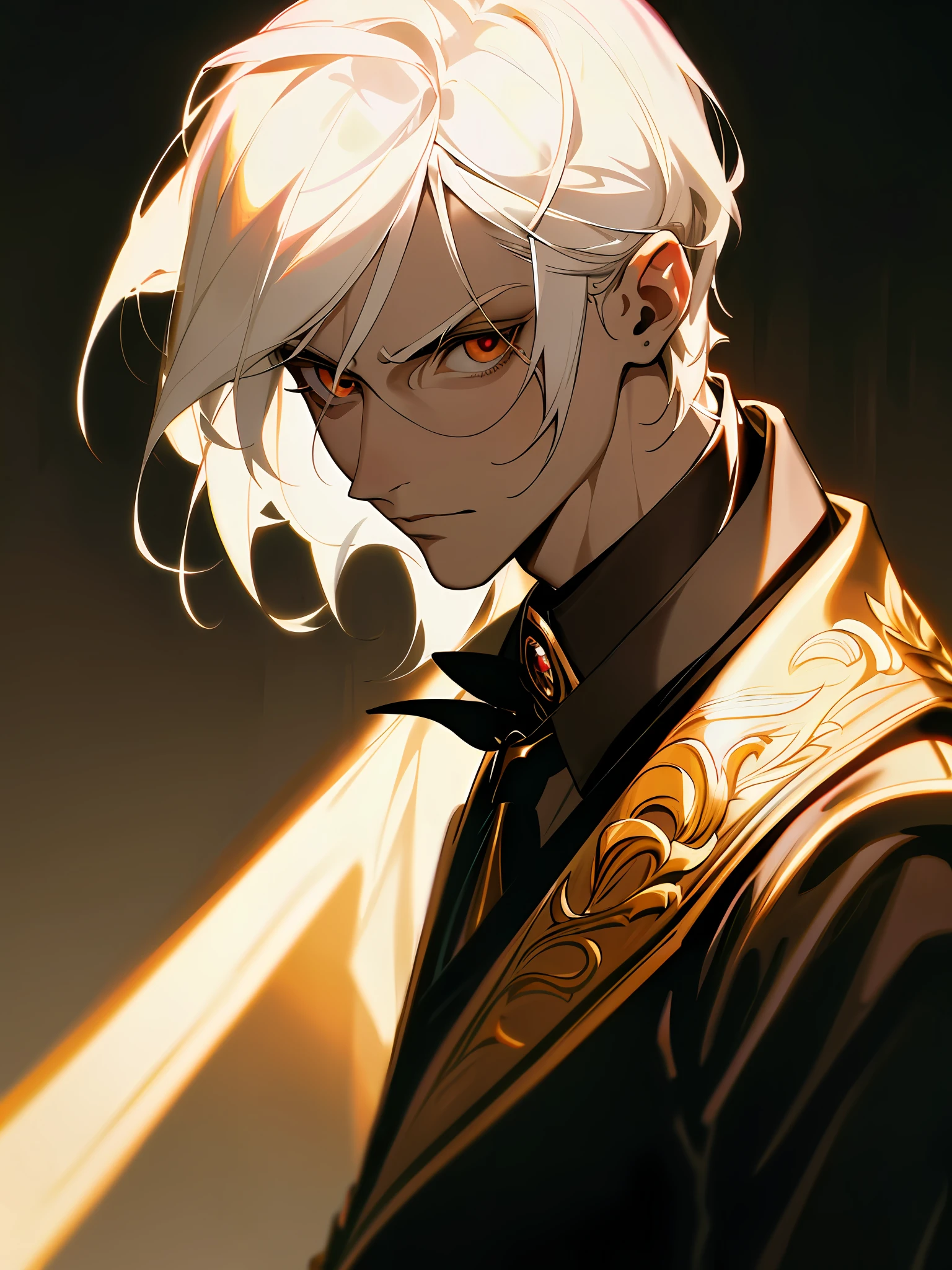 Masterpiece, superb (fashionable clothing), (illustration), ((man)), ((elegant man), (Russian mill style), fashion, gucci clothing, (happy), (white skin), (white hair), (marked dark circles), cute, bar, toast, bar, trendy, close-up, , (chiaroscuro)), fine detail of face, facial detail, cinematic lighting, (depth of field), UHD, (upper body), bar background, shaded look, serious look at the viewer