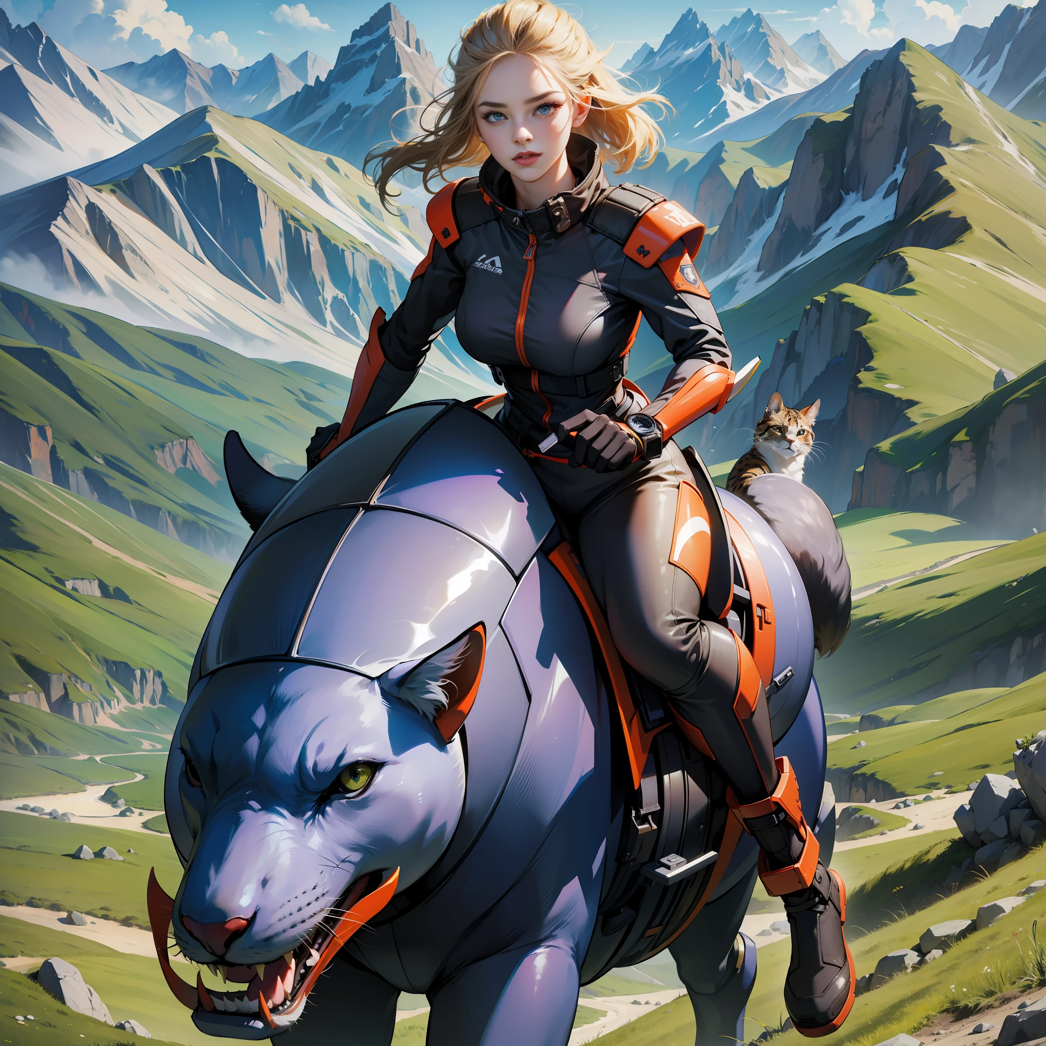 absurdres, highres, ultra detailed), a beautiful girl, in a retro- futuristic suit, riding a wild big cat, in a mountain