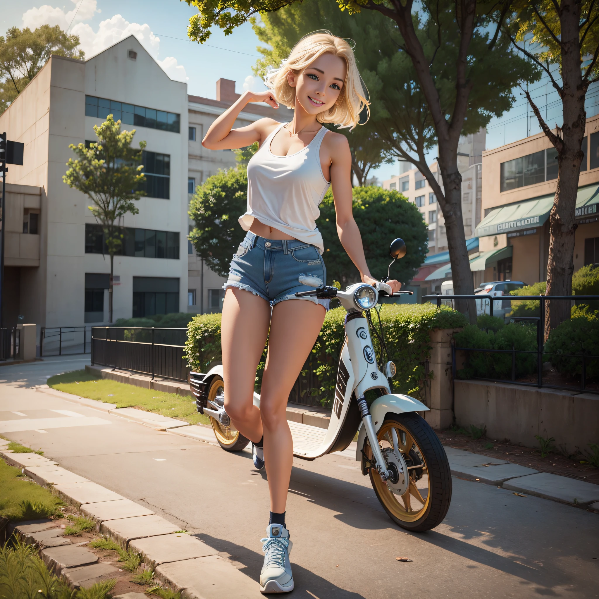 {masterpiece, best quality, extremely detailed CG, unity 8k wallpaper, cinematic lighting}}. design art, 1 girl, full body, A beautiful girl riding an electric kick scooter in a park. She is stunningly cute, with a smile, short bob hairstyle in golden blonde, blue eyes, double eyelids, long eyelashes, long limbs, She is wearing a white tank top, distressed denim shorts, and white low-cut basketball shoes. Striking an active pose.