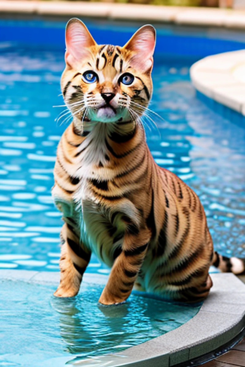 swimming cute two Bengal cats pool