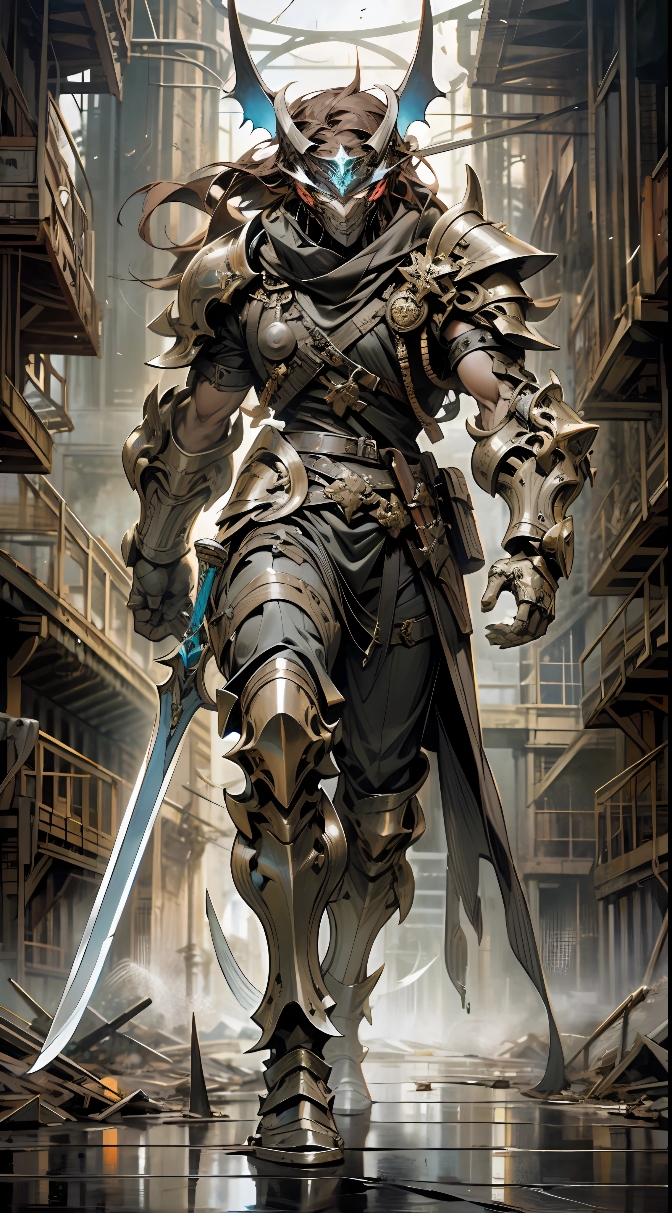 In a bleak setting of a ruined city, a lone warrior emerges as a ray of hope. Dressed in worn armor, he carries a black-bladed sword, covered in ancestral symbols. His eyes sparkle with determination, reflecting the mysterious aura that permeates the air. Step by step, he advances through the rubble, facing abominable creatures and overcoming deadly challenges. Through the shadows, the warrior stands out, an imposing and fearless figure, with a clear mission: to free this cursed city from the domain of evil., brown hair, light brown hair, Gothic art, high detail, drop shadow, three sided view, Futurism, 8k, award winning, best quality, high details, anatomically correct --auto --s2