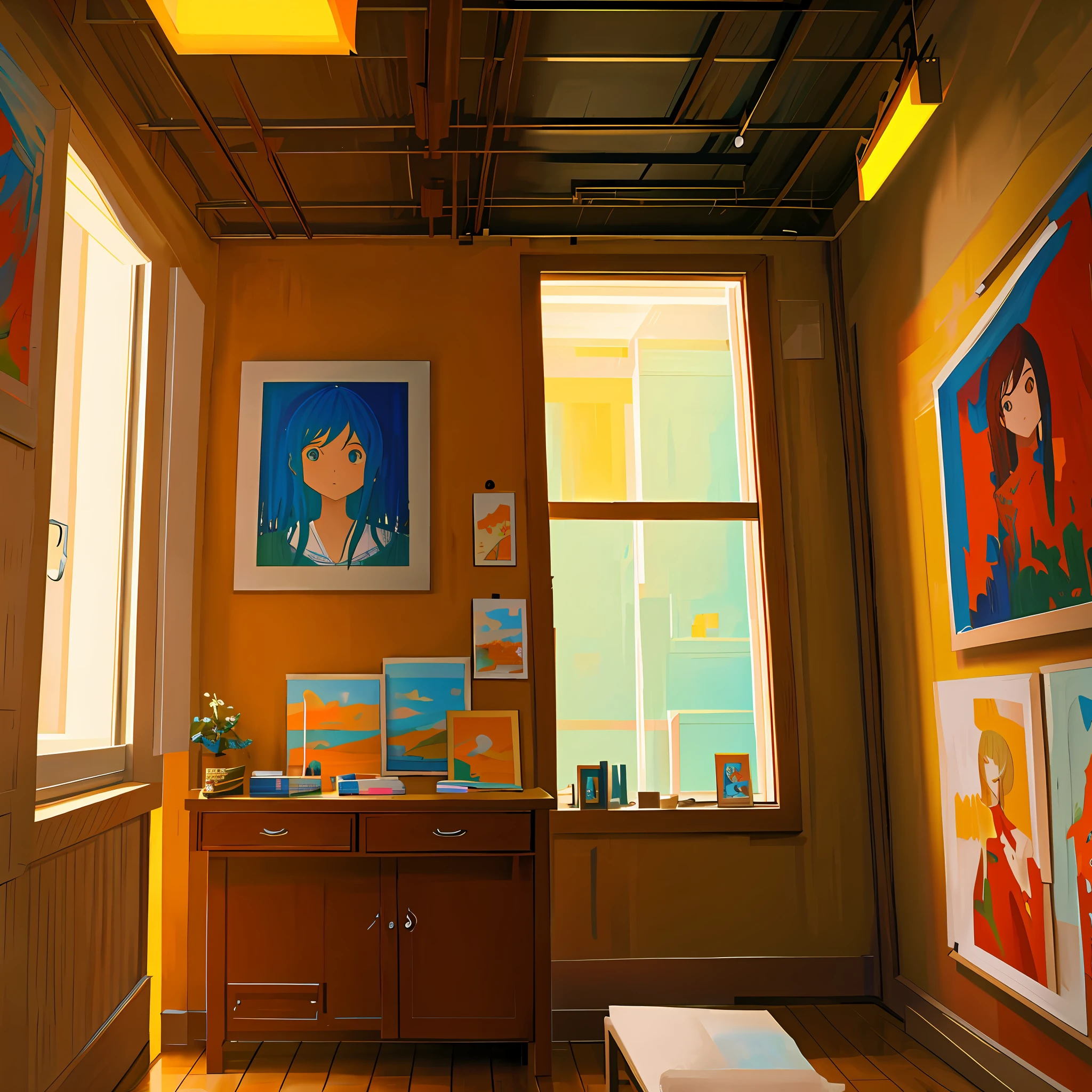 Orange anime style background An easel with no painting on the right A painting hangs on the wall on the left