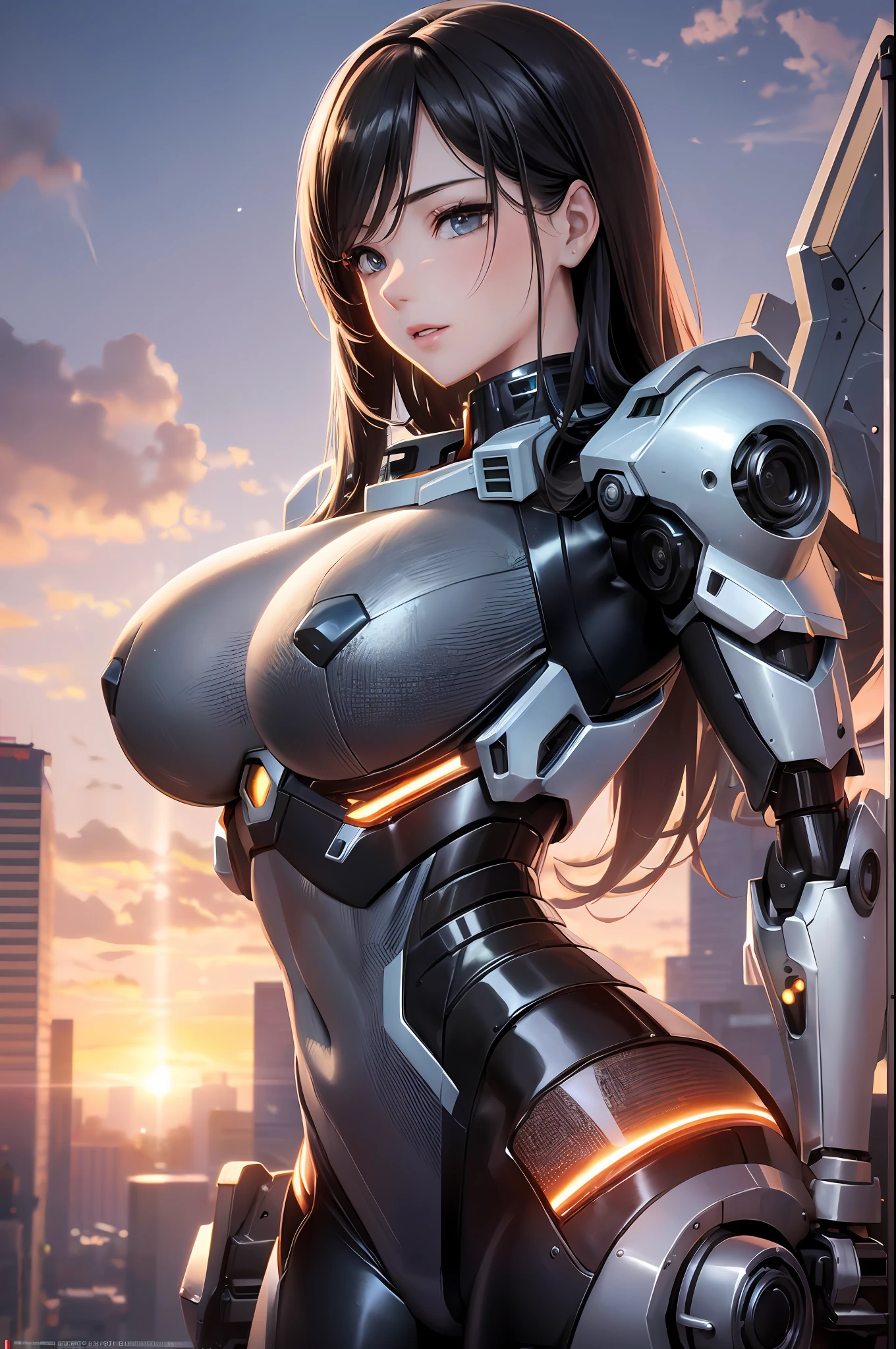 futuristic combat robot girl, broken building, sunset, wreckage of machines lying around, (ultra high resolution, photorealistic, realistic, best quality, photorealistic), (8k, raw photos, best quality, masterpiece), hi-res, longhair, 1girl, big tits, (mecha musume, mechanical wings, mechanical arms), background blurred, 20yo, sexy, (attractive face) (shiny skin, oiled skin, glistening skin, high gloss skin), professional lighting, : beautiful face, perfect face,