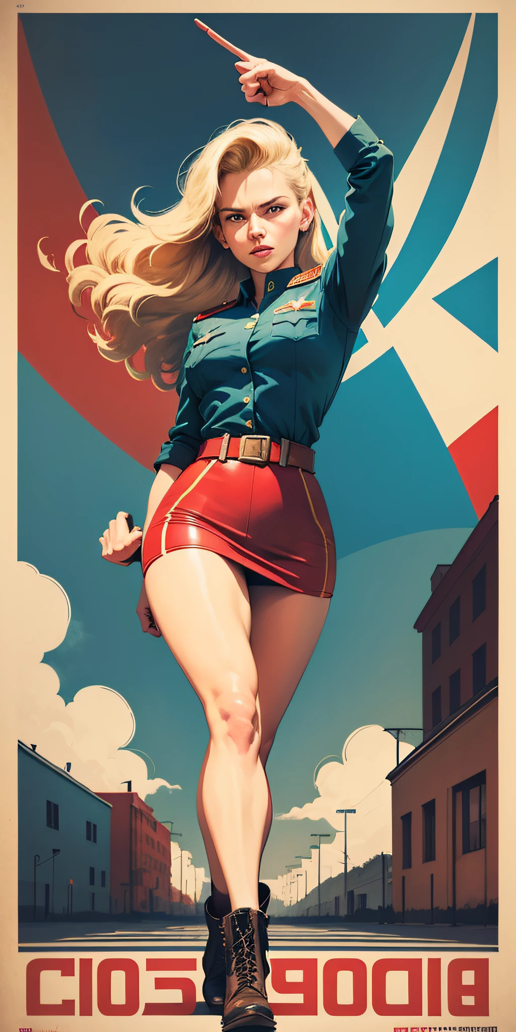 CCCP poster, soviet poster, USSR Flag in background, USSR Poster, Soviet Union poster, October Revolution, ((CCCP Poster, Soviet Poster)) (blond 1 mature girl holding up her hand in the air) propaganda Poster, poster, Soviet flag on pole, blue sky with fighter jet, uniform, 1girl, solo, good body, Poster design, poster art style. 1980s, 1950s, 1960s, basic colour scheme, Very colourful poster, colour art, thirds rule, inspiring, general, military officer, woman, 1 mature girl, hair blowing in the wind, hand high in the air, revolutionary, pointing with finger, red square backdrop, thick legs.