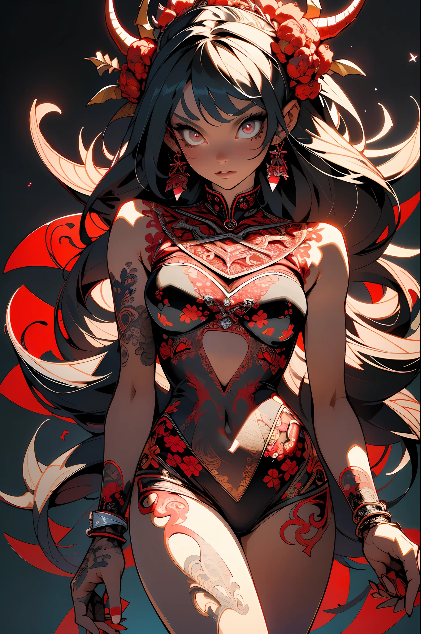 absurd, highres, ultra detailed, (ultra-detailed background, detailed background), extremely detailed, 1girl, demonic woman, red skin on arms, bouquet of black flowers, (zentangle:1.2), (geometric:1.2), colorful, full body, sexy pose, short clothes, dragon tattoo, stars, tiny thong, almost naked, muscular, perfect body, vietnamese ornaments, demon of japanese culture