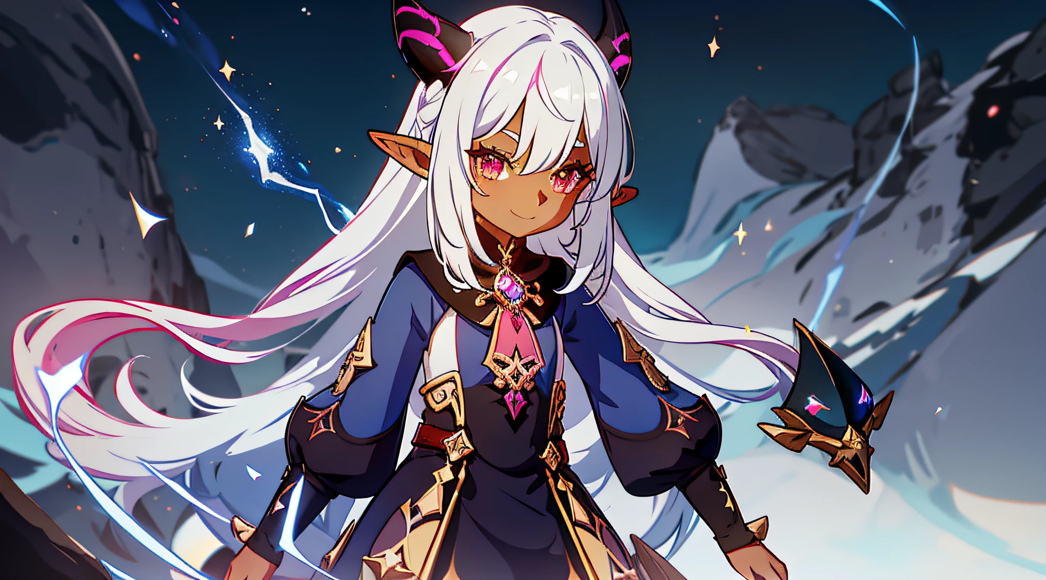 Little girl with small horns and elf ears, smile, smiling, dark skin, tan, fantasy skin, red eye, tail, spiky white hair, dark blue uniform, pink tie, pink sock, black boot, galaxy background, electricity, lightning