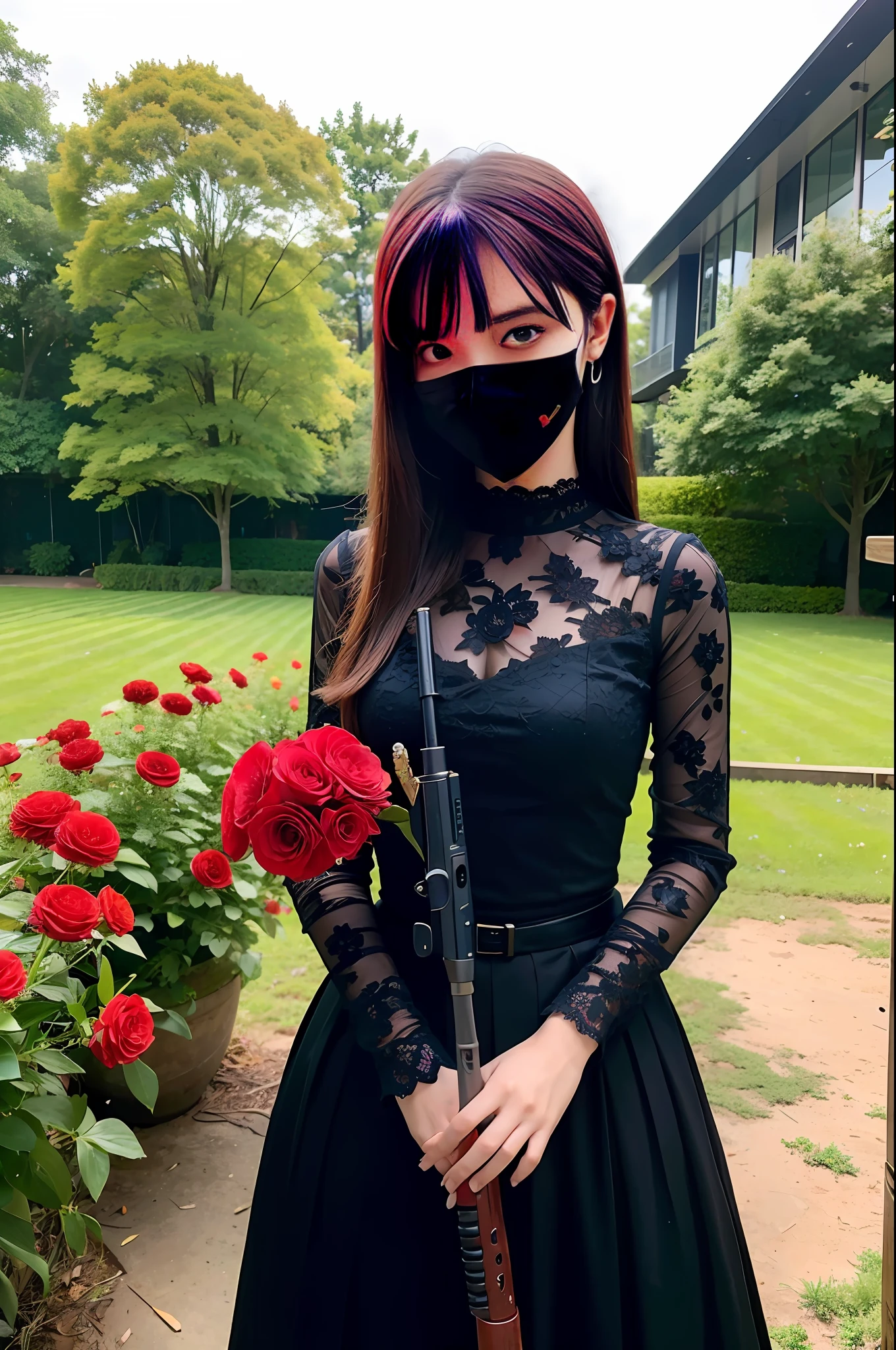 m 16 holding rifle, revolutionary, terrorist, hiding gun in bouquet, black tears, corolla, revolutionary, possession of a pistol, skull mask, dark theme, (top quality, masterpiece: 1.2), 18 year old girl, black dress, in the garden, (red flower chaos in the background: 1.3)