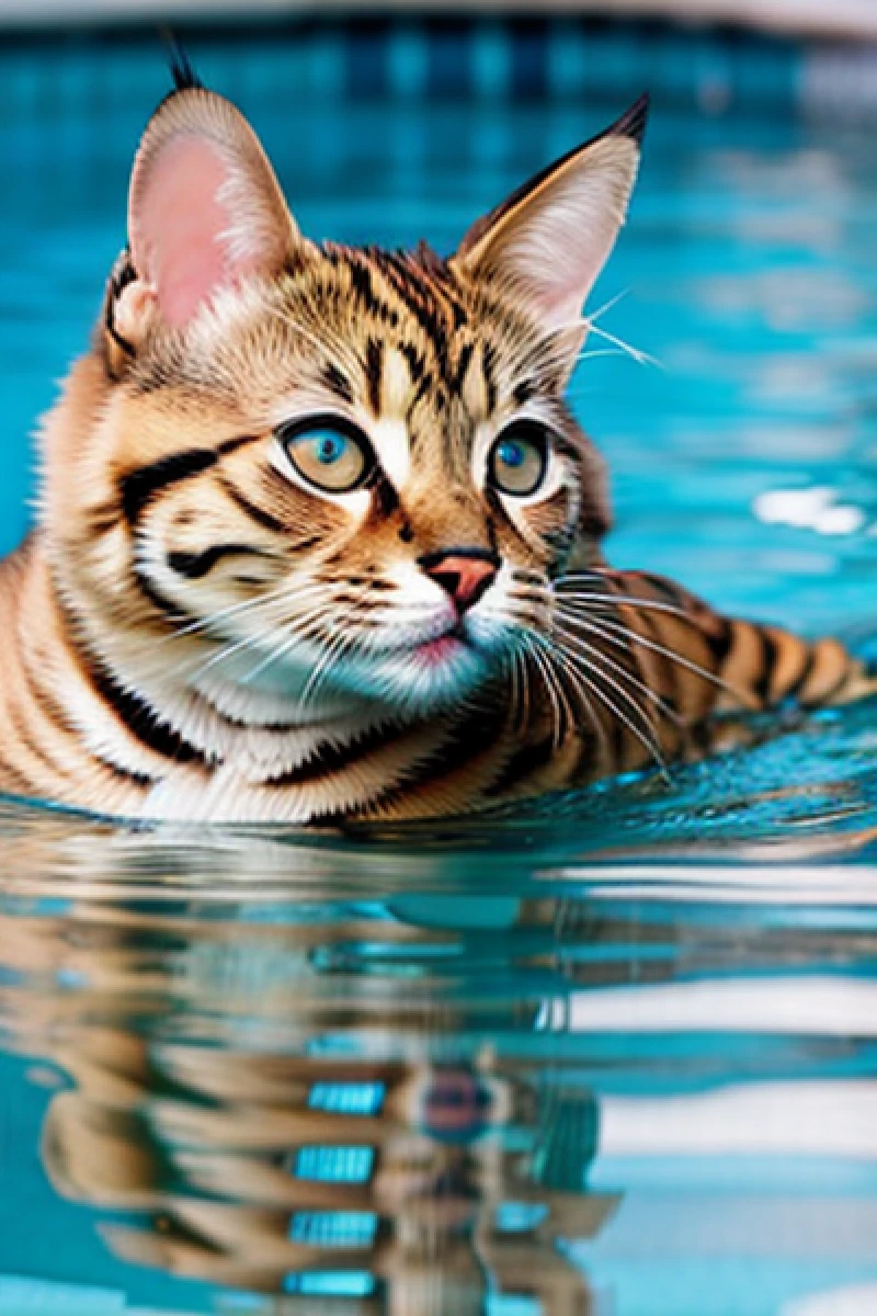 swimming cute two Bengal cats pool