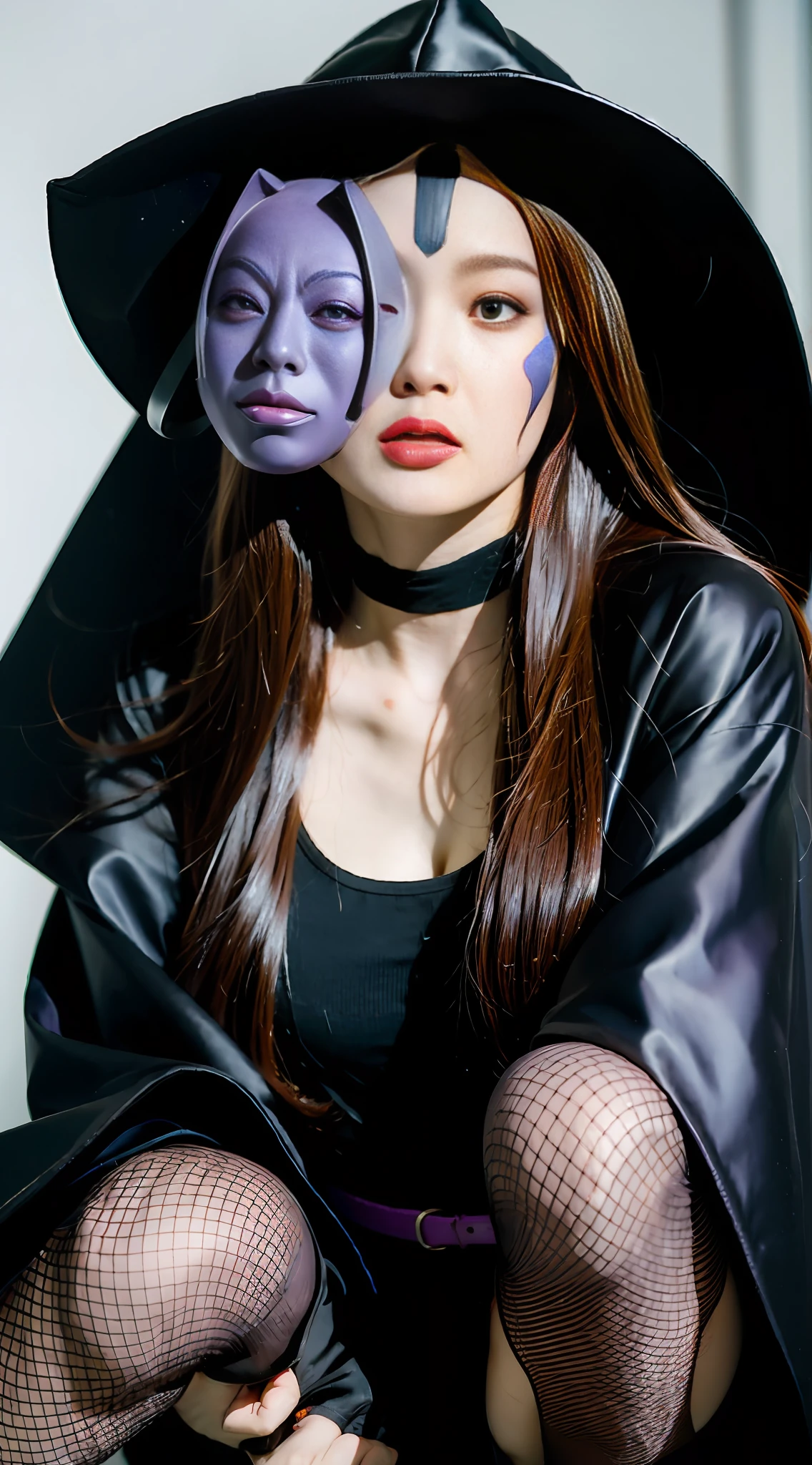 street demon, kabuki makeup, dictator and audience, big, madness, football helmet, face guard, purple face paint, mask, fishnet stockings, a thousand chrysanthemum flowers on the background, cloak,