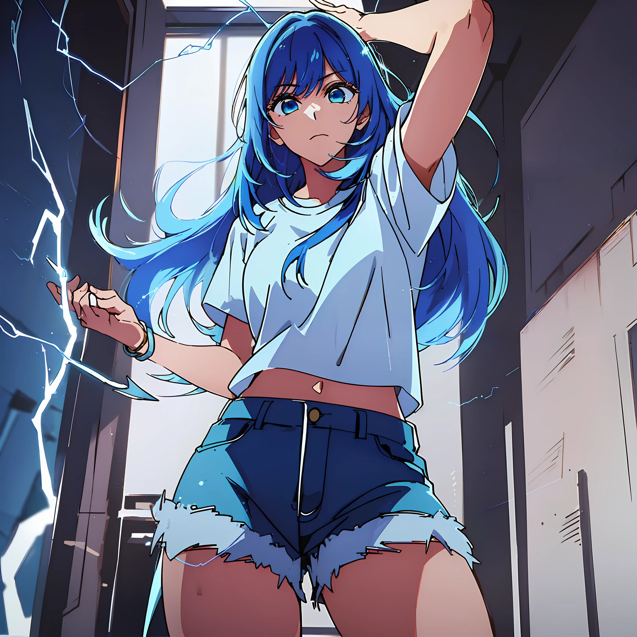 (((1woman))), (((solo))), (((masterpiece))), (((best quality))), (((highres))), white t-shirt, long blue shorts, electricity, ((lightning)), ((blue hair)), ((flowing electricity)), (((medium breasts)))