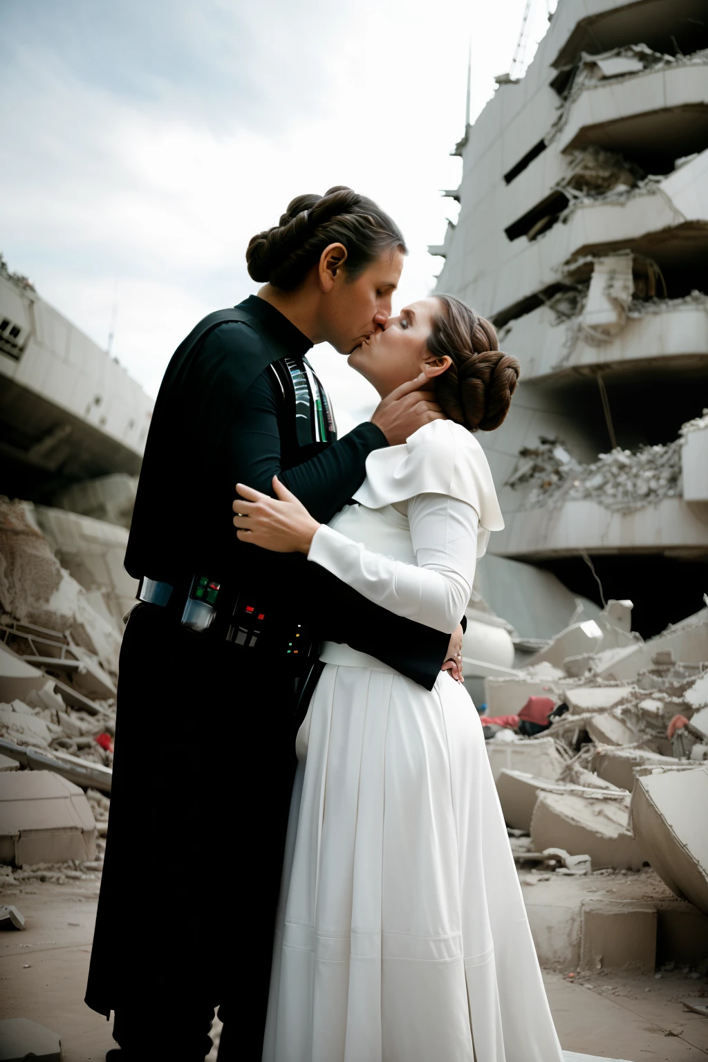 Portrait of Princess Leia, carrie fisher, romantically kissing Darth Vader. Set in the rubble of a Star Wars ship. Professional photography, realistic 50mm lens from a Canon dslr camera