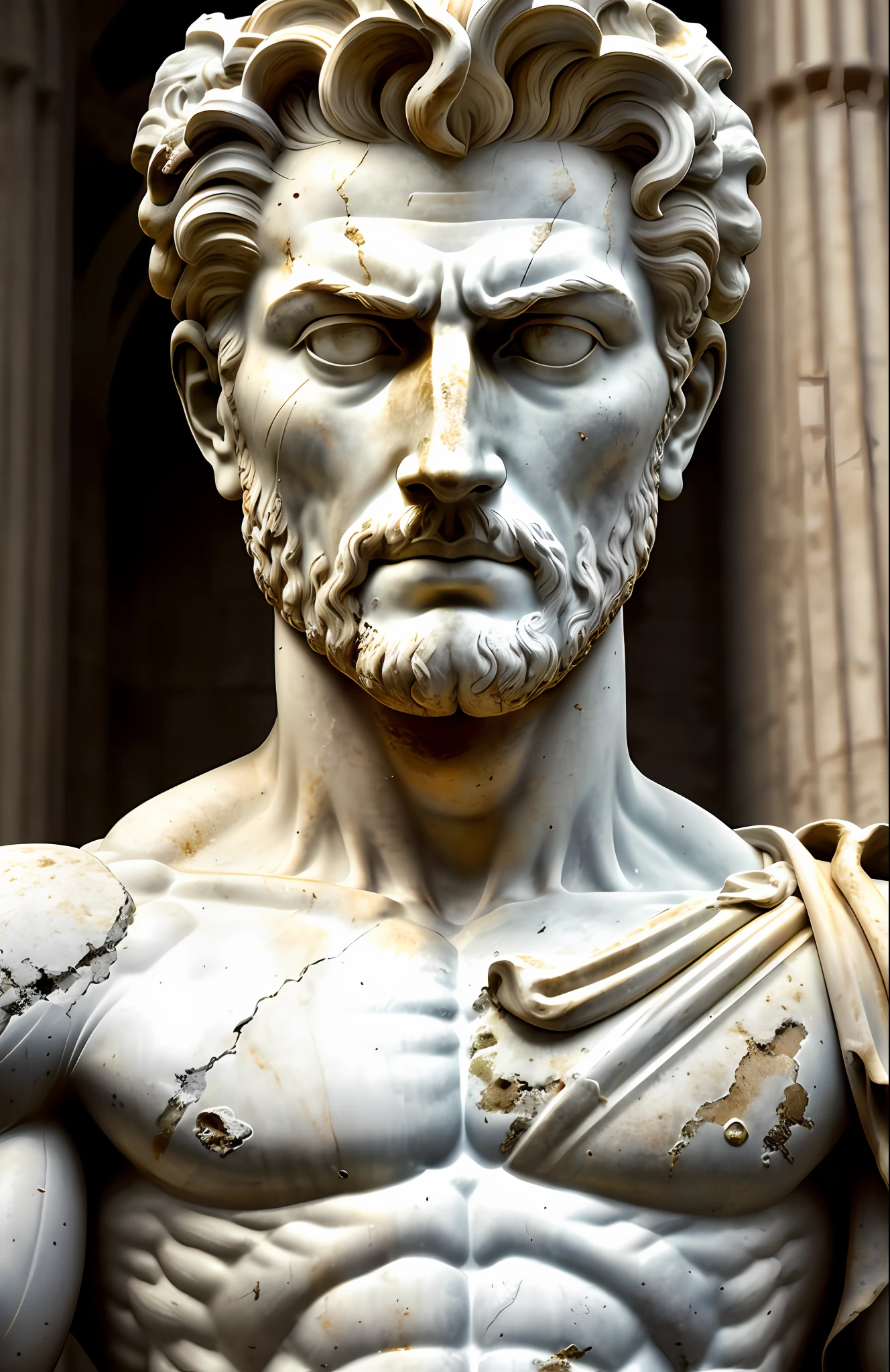 Extreme close-up of A hyper-realistic marble statue of a muscular handsome Roman god man holding a sword rotting, very old, ancient dust, and his facial expressions betray deep sadness and overthinking. Against the background of Roman columns, petrified birds, ashes on the ground withered and rotting, the colors are muted and faded, to emphasize the seriousness of the scene.