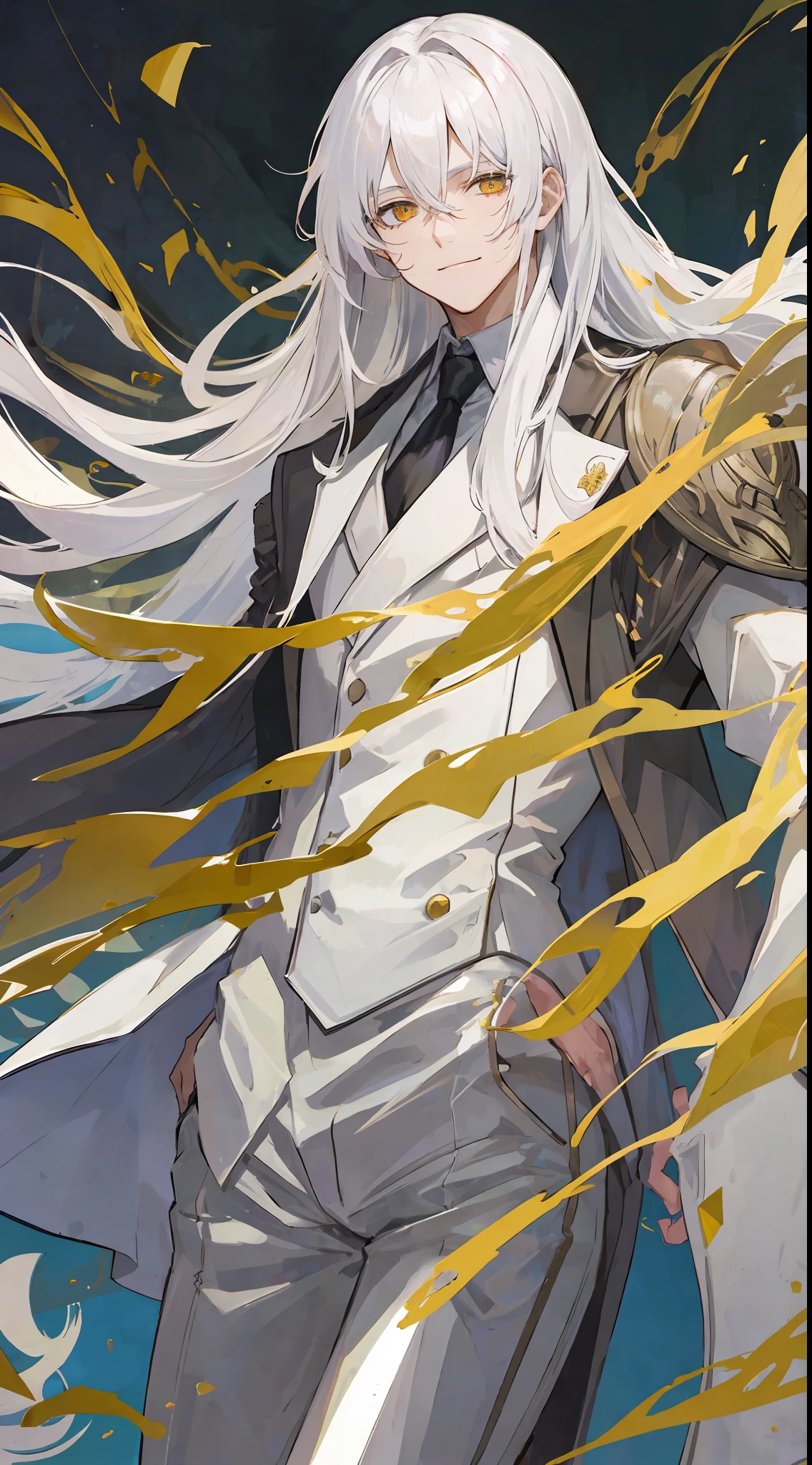 1mature man, white long hair, golden eyes, white suit, psychopath smile