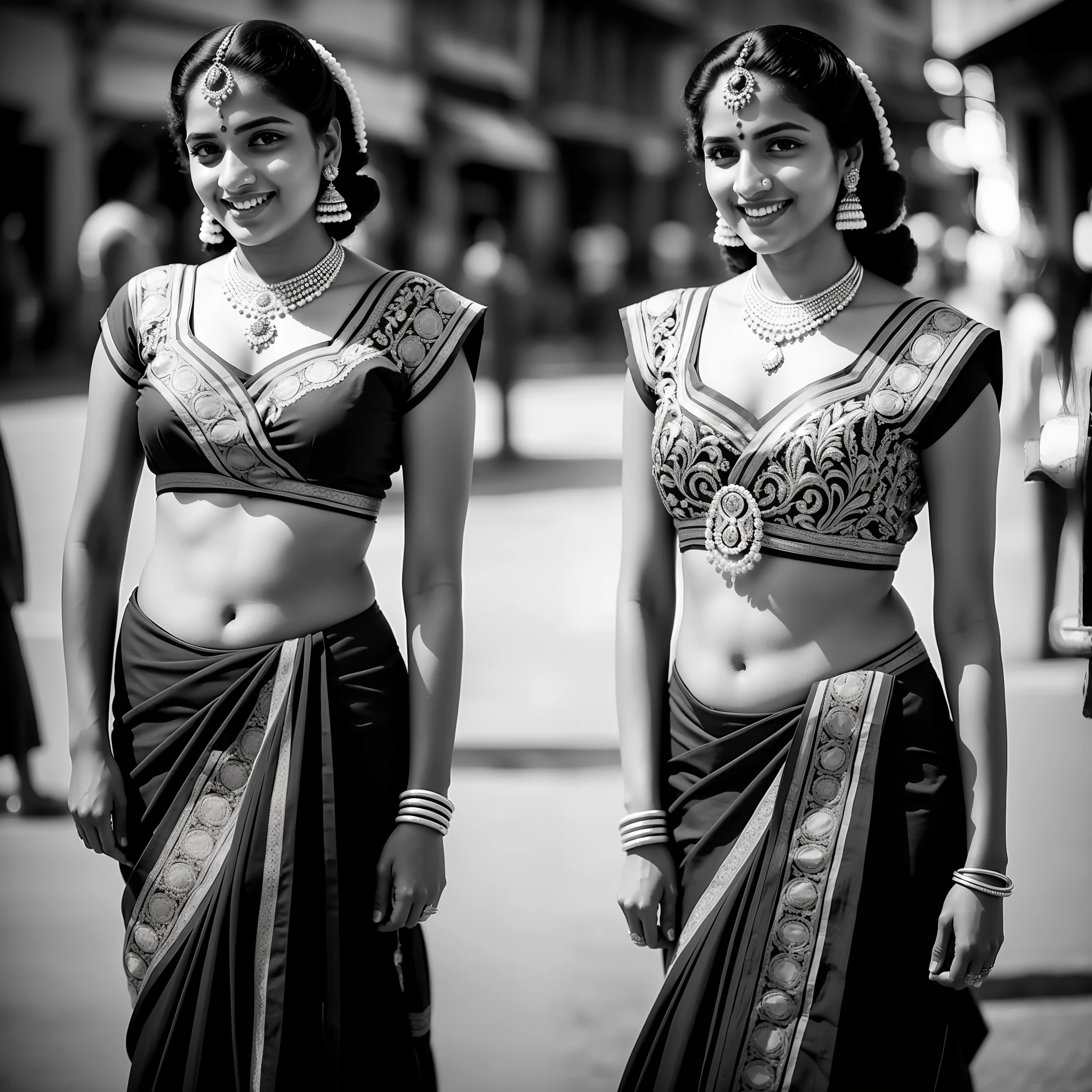 RAW photo,  1940s, traditional Indian clothing of 1940s,1 Indian 25 y o woman standing on the street,1940s style photography, black and white image, (high detailed skin:1.2), 8k uhd, dslr, soft lighting, high quality, film grain, Fujifilm XT3,smiling, visible navel, visible thighs, hourglass figure