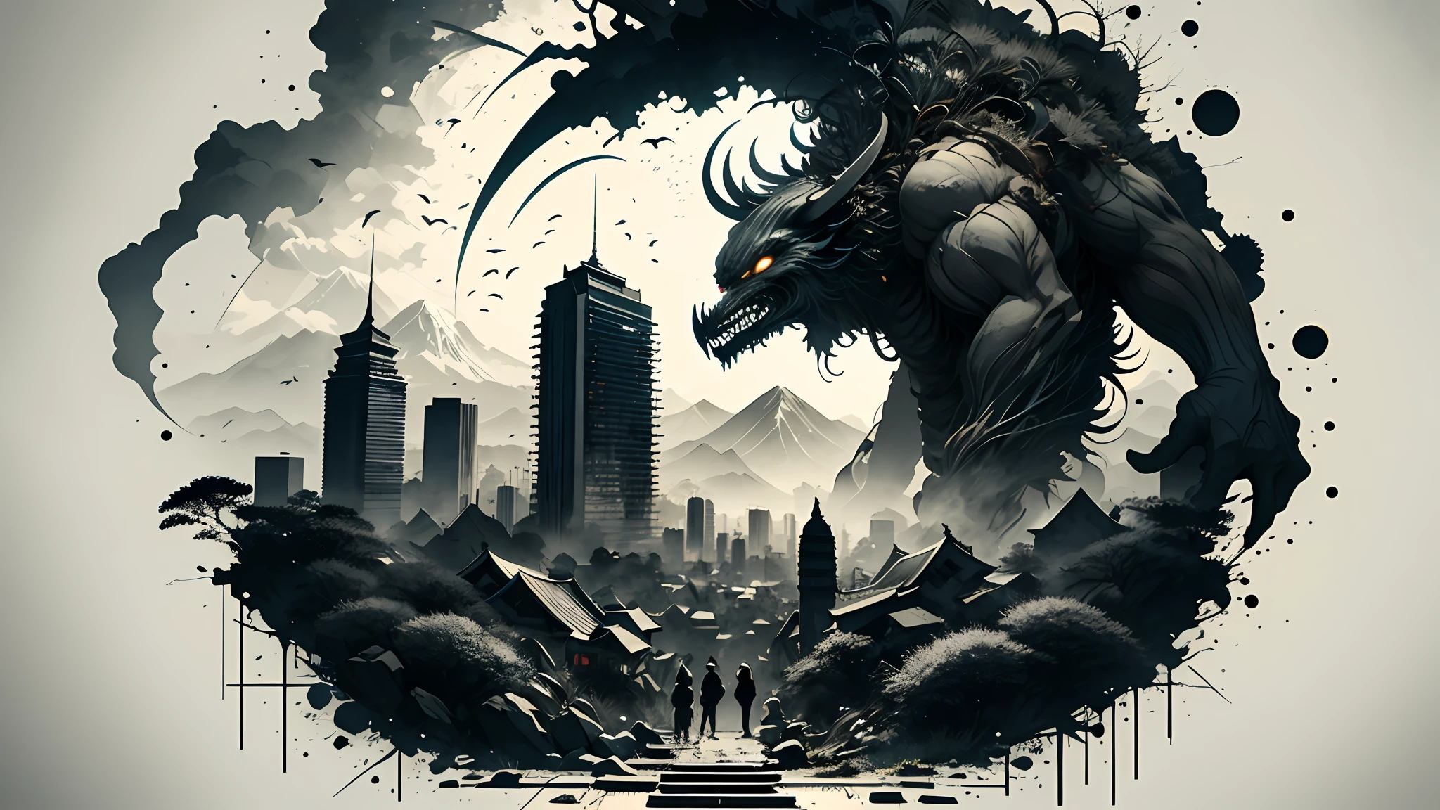Absurd, high resolution, ultra-detailed, (1 girl:1.3), broken, design a beautiful temple scene, intricate architecture, lush gardens, and a sense of peace and spirituality. Broken, creating an image of a destructive demon with terrifying features, dark powers, and a thirst for chaos and destruction. Broken, designed with a fisheye effect image that captures a wide field of view with a unique curved viewing angle. Break to create rooftop views in urban environments with panoramic cityscapes, dramatic skylines, and a sense of elevation. Break , illustrating the tender moments between parents and children, capturing their bonds, love, and connection. Broken, using pointillism to illustrate images, carefully placed tiny dots of color to create a cohesive and visually stunning whole.