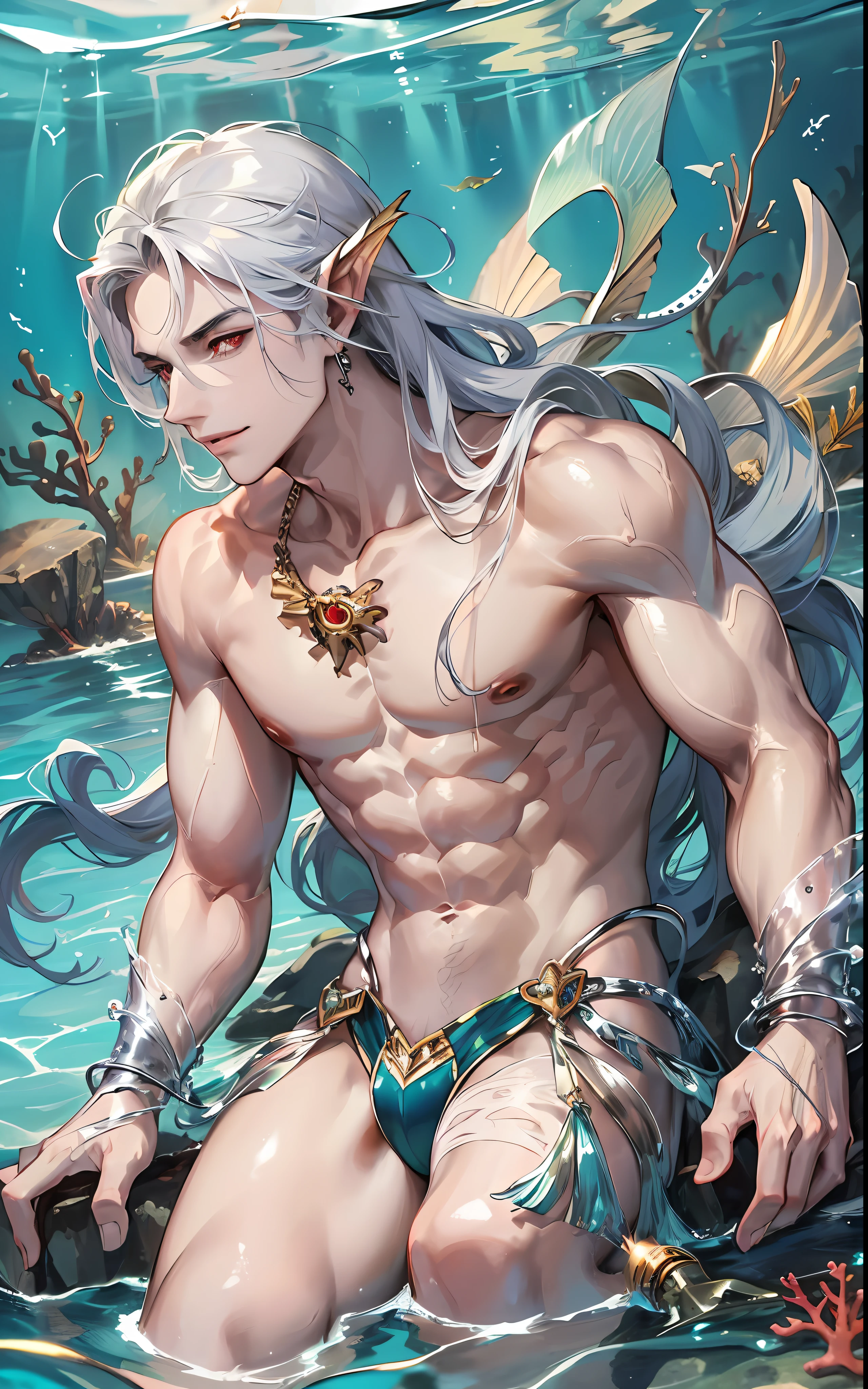 man, masculine, masculine face, attractive, muscular, (((1man))), masterpiece, absurdres, best quality ,intricate details , (shiny skin, shiny body, shiny oily er skin, shiny hair, pale skintone), Sundown, attractive, ((muscular)), adult, one, earrings, Don't look at the view , Not looking at the view, silver hair, braided hair, perfect detailed face, perfect detailed hands, triton, fins, red eyes, triton ears, ((portait)), smirk, marine sea ornaments, ((in the water)), open chest, (mermaid tail), no legs, ((diving underwater)), under the sea, fishes, masculine features, masculine face