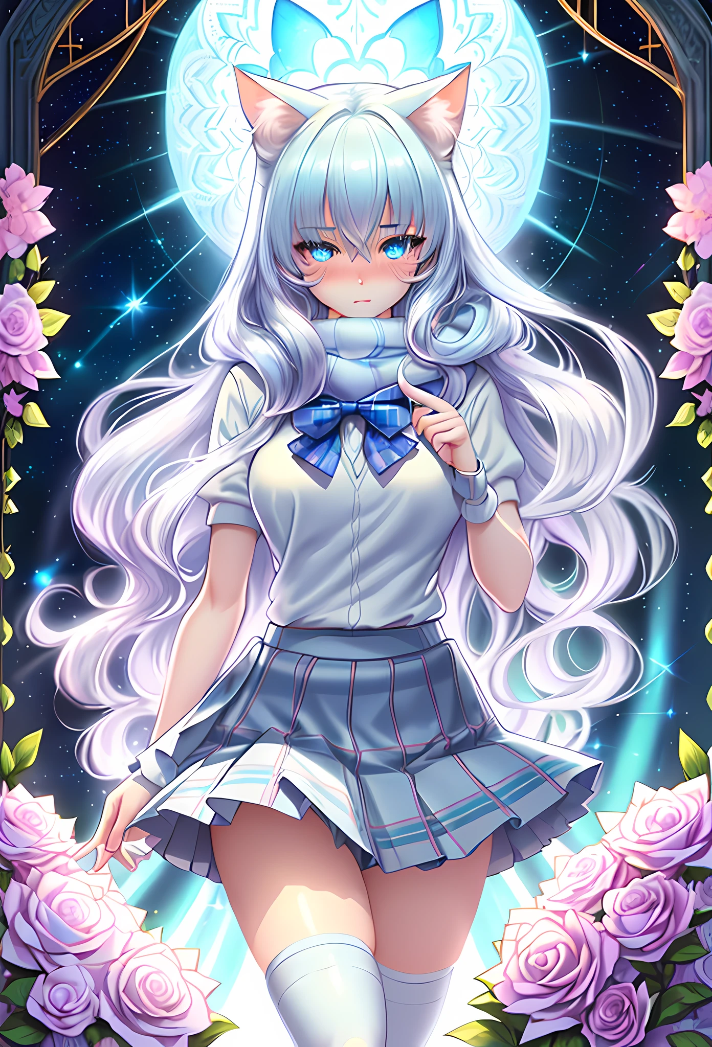 {{{{masterpiece, extremely detailed, intricate details, soft focus, 8K, highres, depth of field, absurdres, high quality facial shadowing, dynamic shadowing, extreme shaders, cinematic lighting, perfect lighting, soft lighting, hazy lighting, blurry foreground}}}}, best quality, asian qualities, (solo:1), (beautiful young girl:1.3), (high school girl:1), (extremely detailed girl:1.5, perfect anatomy:1, perfect body:1), beautiful-detailed luscious knee-length glossy reflective white hair, luscious multi-layered curly hair, (hair splayed out:1.3), beautiful-detailed cat ears, beautiful-detailed facial structure:1), (detailed beautiful face:1.3), (sexy face, cute face, slender facial structure), detailed face:1.33, beautiful-detailed eyes, big eyes, (detailed bright blue eyes:1.33), detailed glowing blue topaz eyes, {extremely-detailed sharp cat eye white pupils}, {vibrant eye colors:0.7}, {beautiful-detailed small boobs}, {breast apart}, {slim arms:1}, (beautiful-detailed fingers:1.5), (slim waist), (slim thighs:1), (slim legs:1), (beautiful-detailed delicate legs), (blushing:1.2), (embarrassed:1.33), (beautiful-detailed cute shy expression), date clothes, beautiful checkered light blue scarf around neck, detailed white knitted cashmere sweatshirt, (detailed checkered winter school skirt:1.4) detailed white knee warmers, fluffy white boots, (enhanced background:1.3), standing in a flower-field at midnight surrounded by blue butterflies