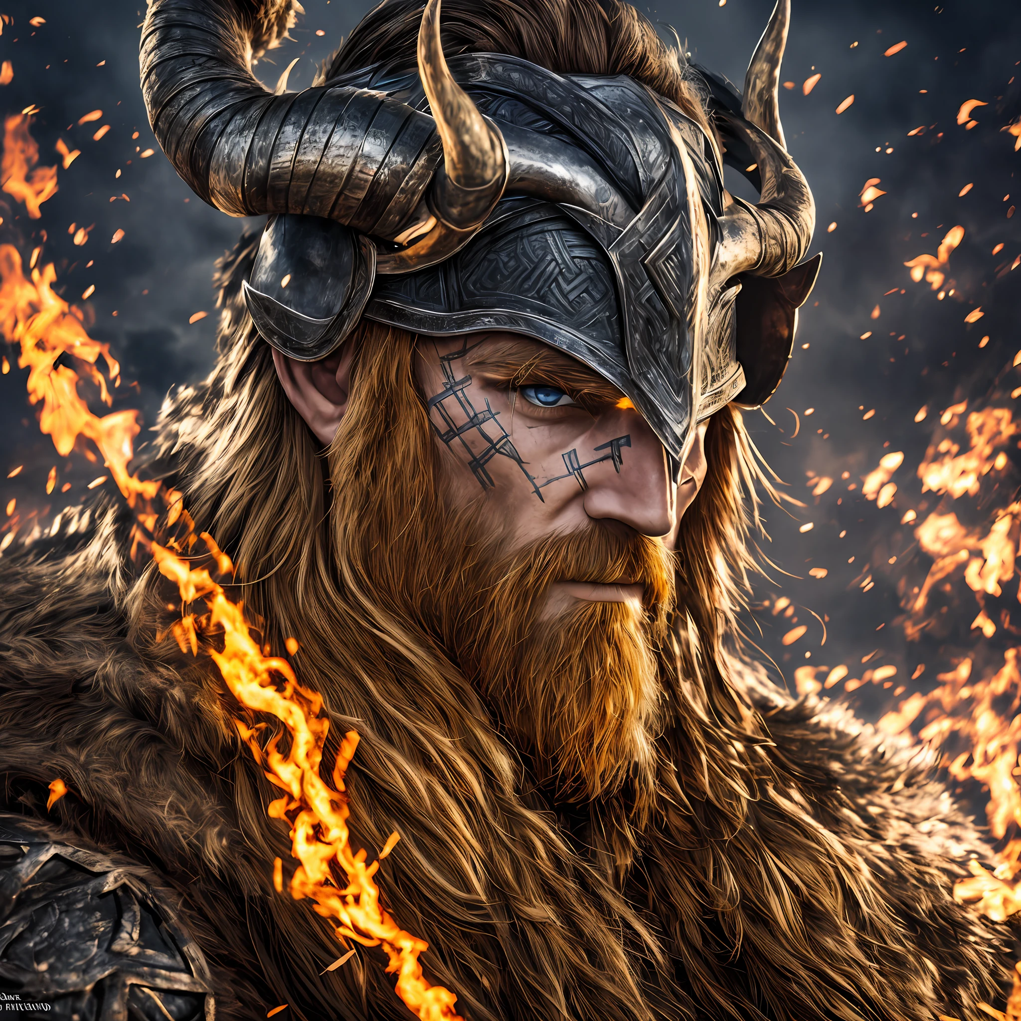 portrait of a man wearing helmet with horned armor, norse god, Thor, pioneer, norse god, odin, norse warrior, viking, full hd 4k, scar on eye, viking helmet, angry