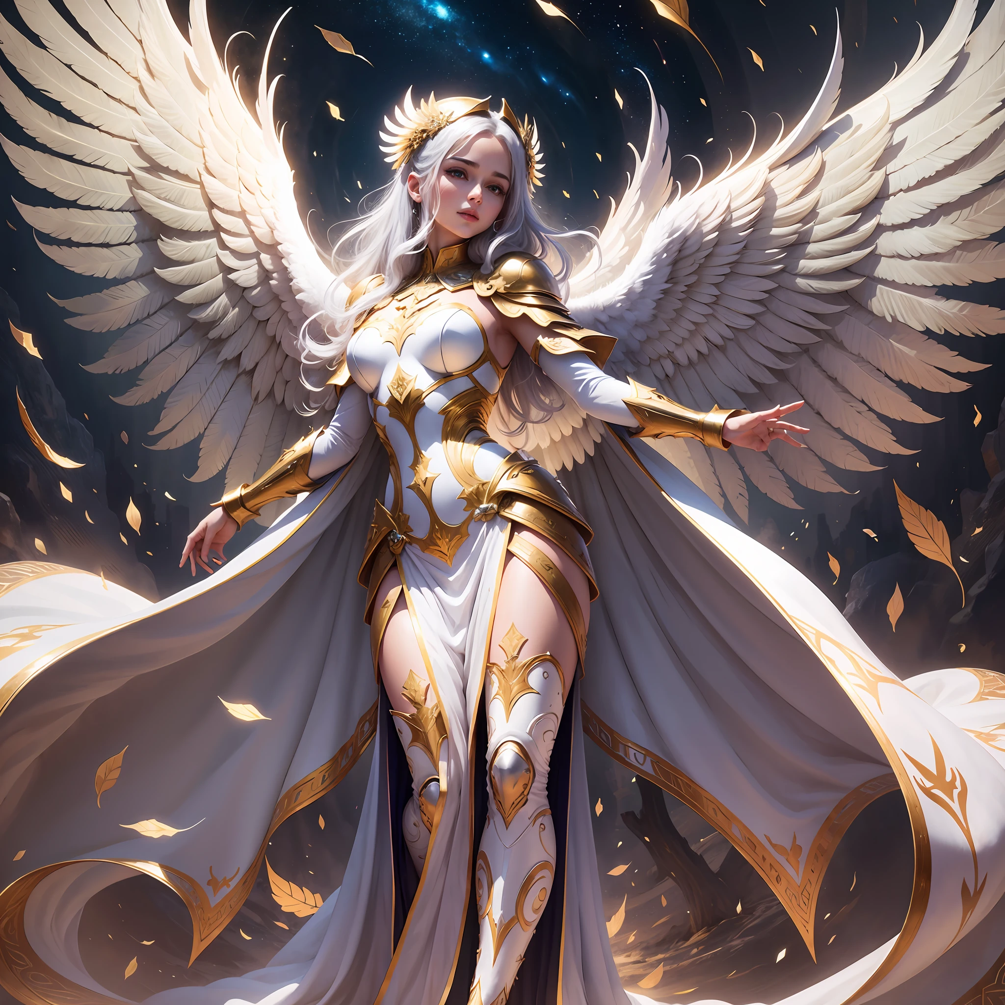 Solo, full body, an angel with beautiful clothes, diamond armor parts, beautiful image, best quality, defined wings, bright, gleaming, pleasant image, supreme beauty