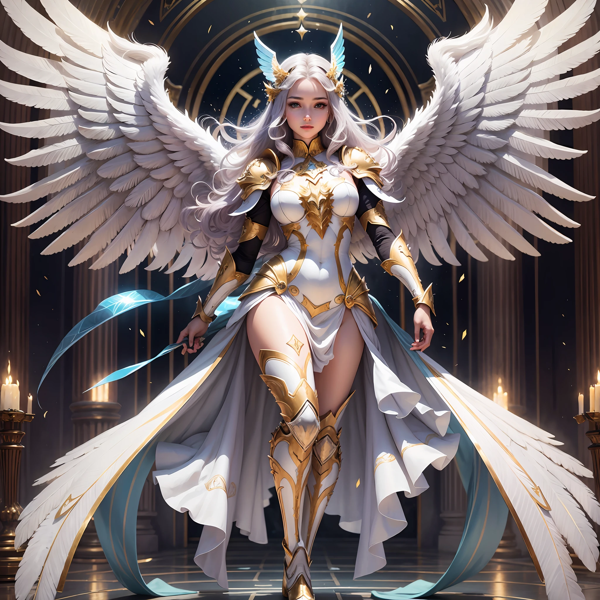 Solo, full body, an angel with beautiful clothes, diamond armor parts, beautiful image, best quality, defined wings, bright, gleaming, pleasant image, supreme beauty