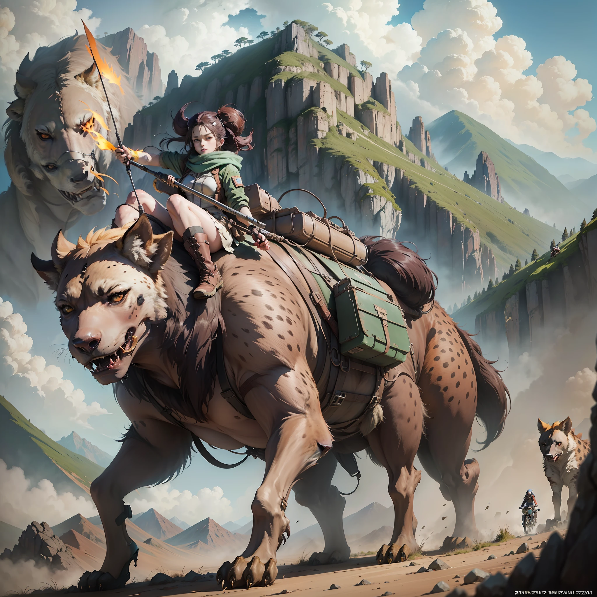 a woman riding a giant hyena in the mountains, anime art vehicle concept art, krenz cushart and wenjun lin, artgerm and atey ghailan, cushart kenz, badass anime 8 k, anime style 4 k, :14 flcl + akira, krenz cushart and artem demura