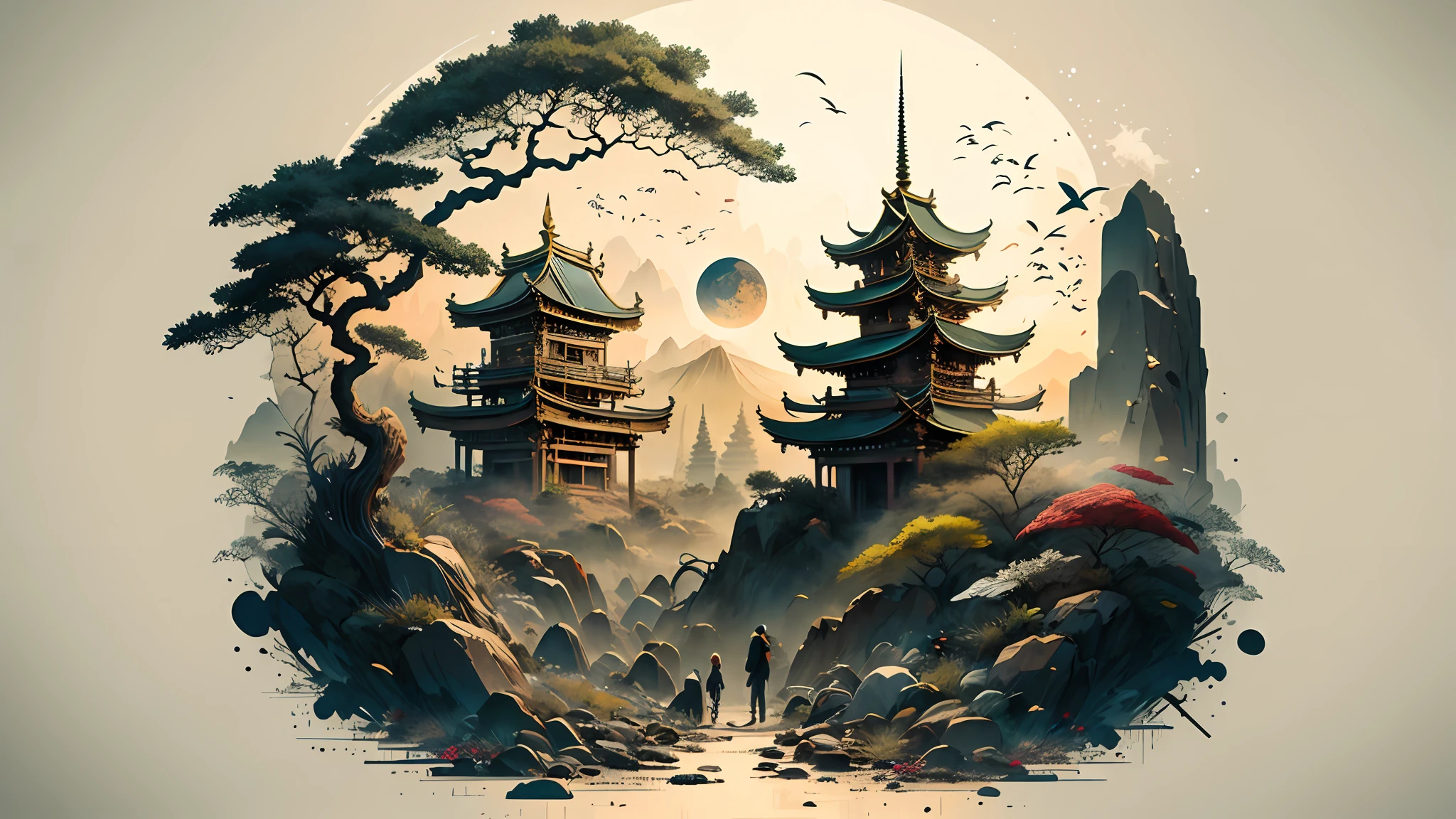 Absurd, high resolution, ultra-detailed, (1 girl:1.3), broken, design a beautiful temple scene, intricate architecture, lush gardens, and a sense of peace and spirituality. Broken, creating an image of a destructive demon with terrifying features, dark powers, and a thirst for chaos and destruction. Broken, designed with a fisheye effect image that captures a wide field of view with a unique curved viewing angle. Break to create rooftop views in urban environments with panoramic cityscapes, dramatic skylines, and a sense of elevation. Break , illustrating the tender moments between parents and children, capturing their bonds, love, and connection. Broken, using pointillism to illustrate images, carefully placed tiny dots of color to create a cohesive and visually stunning whole.