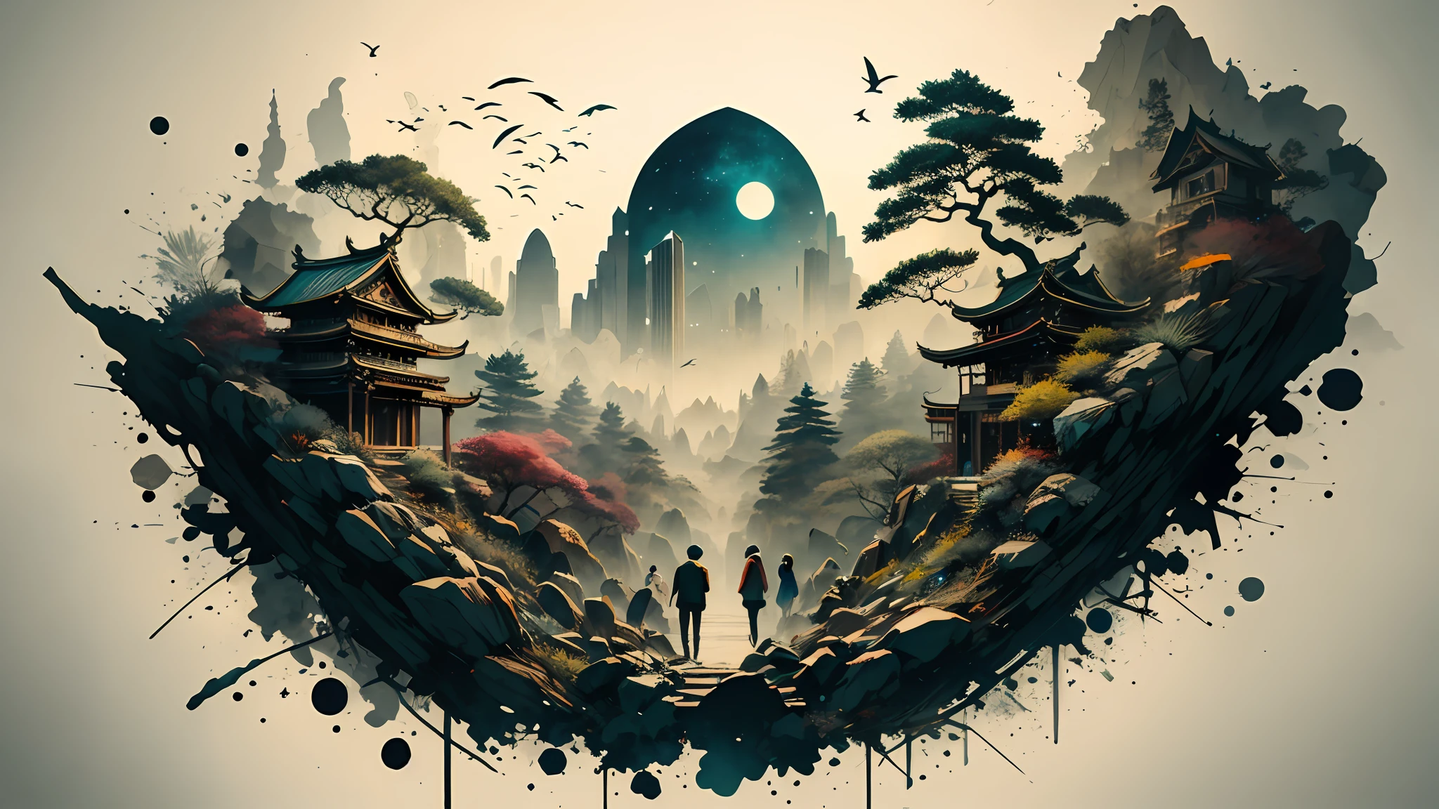 Absurd, high resolution, ultra-detailed, (1 girl:1.3), broken, design a beautiful temple scene, intricate architecture, lush gardens, and a sense of peace and spirituality. Broken, creating an image of a destructive demon with terrifying features, dark powers, and a thirst for chaos and destruction. Broken, designed with a fisheye effect image that captures a wide field of view with a unique curved viewing angle. Break to create rooftop views in urban environments with panoramic cityscapes, dramatic skylines, and a sense of elevation. Break , illustrating the tender moments between parents and children, capturing their bonds, love, and connection. Broken, using pointillism to illustrate images, carefully placed tiny dots of color to create a cohesive and visually stunning whole.