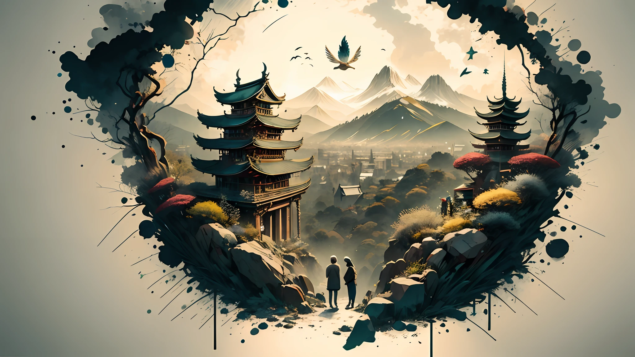 Absurd, high resolution, ultra-detailed, (1 girl:1.3), broken, design a beautiful temple scene, intricate architecture, lush gardens, and a sense of peace and spirituality. Broken, creating an image of a destructive demon with terrifying features, dark powers, and a thirst for chaos and destruction. Broken, designed with a fisheye effect image that captures a wide field of view with a unique curved viewing angle. Break to create rooftop views in urban environments with panoramic cityscapes, dramatic skylines, and a sense of elevation. Break , illustrating the tender moments between parents and children, capturing their bonds, love, and connection. Broken, using pointillism to illustrate images, carefully placed tiny dots of color to create a cohesive and visually stunning whole.