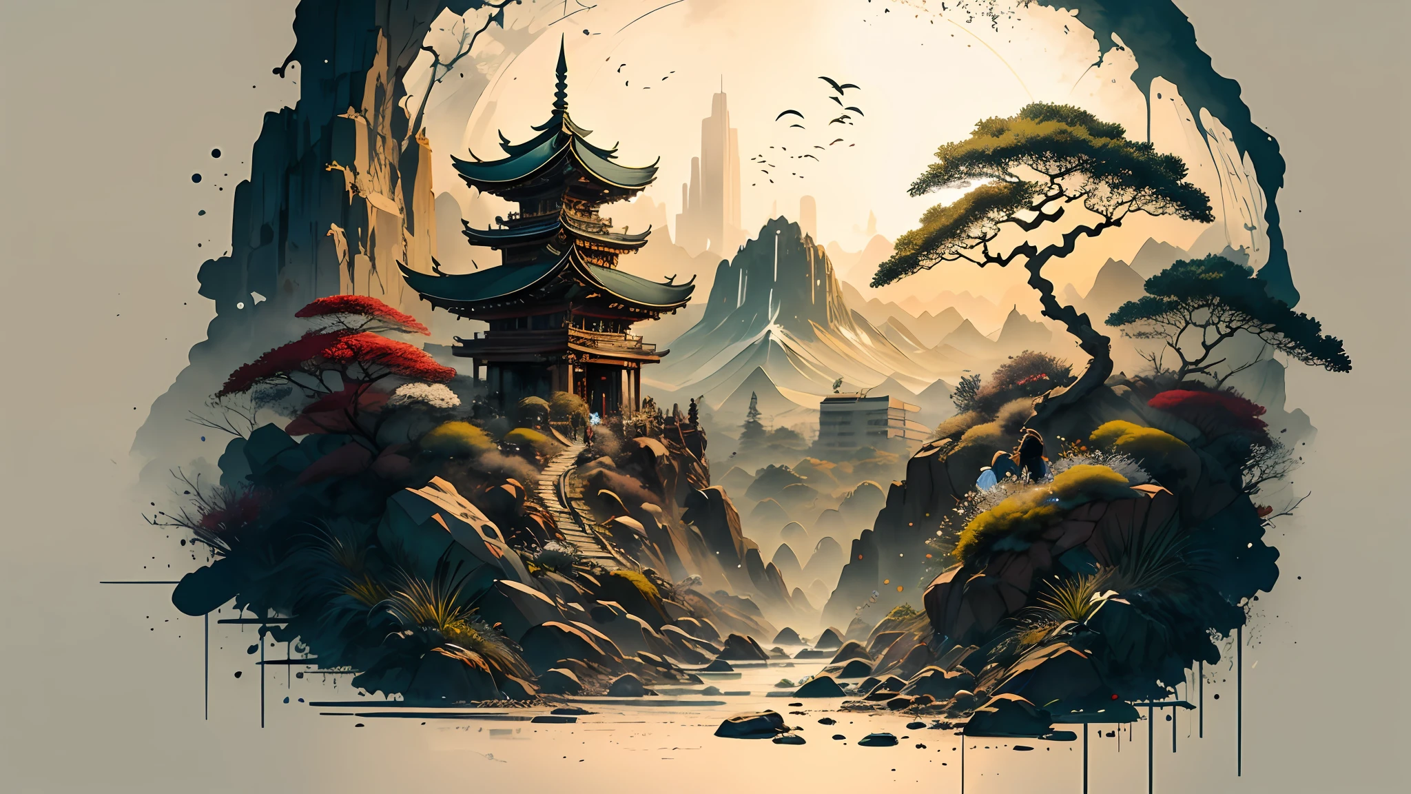 Absurd, high resolution, ultra-detailed, (1 girl:1.3), broken, design a beautiful temple scene, intricate architecture, lush gardens, and a sense of peace and spirituality. Broken, creating an image of a destructive demon with terrifying features, dark powers, and a thirst for chaos and destruction. Broken, designed with a fisheye effect image that captures a wide field of view with a unique curved viewing angle. Break to create rooftop views in urban environments with panoramic cityscapes, dramatic skylines, and a sense of elevation. Break , illustrating the tender moments between parents and children, capturing their bonds, love, and connection. Broken, using pointillism to illustrate images, carefully placed tiny dots of color to create a cohesive and visually stunning whole.