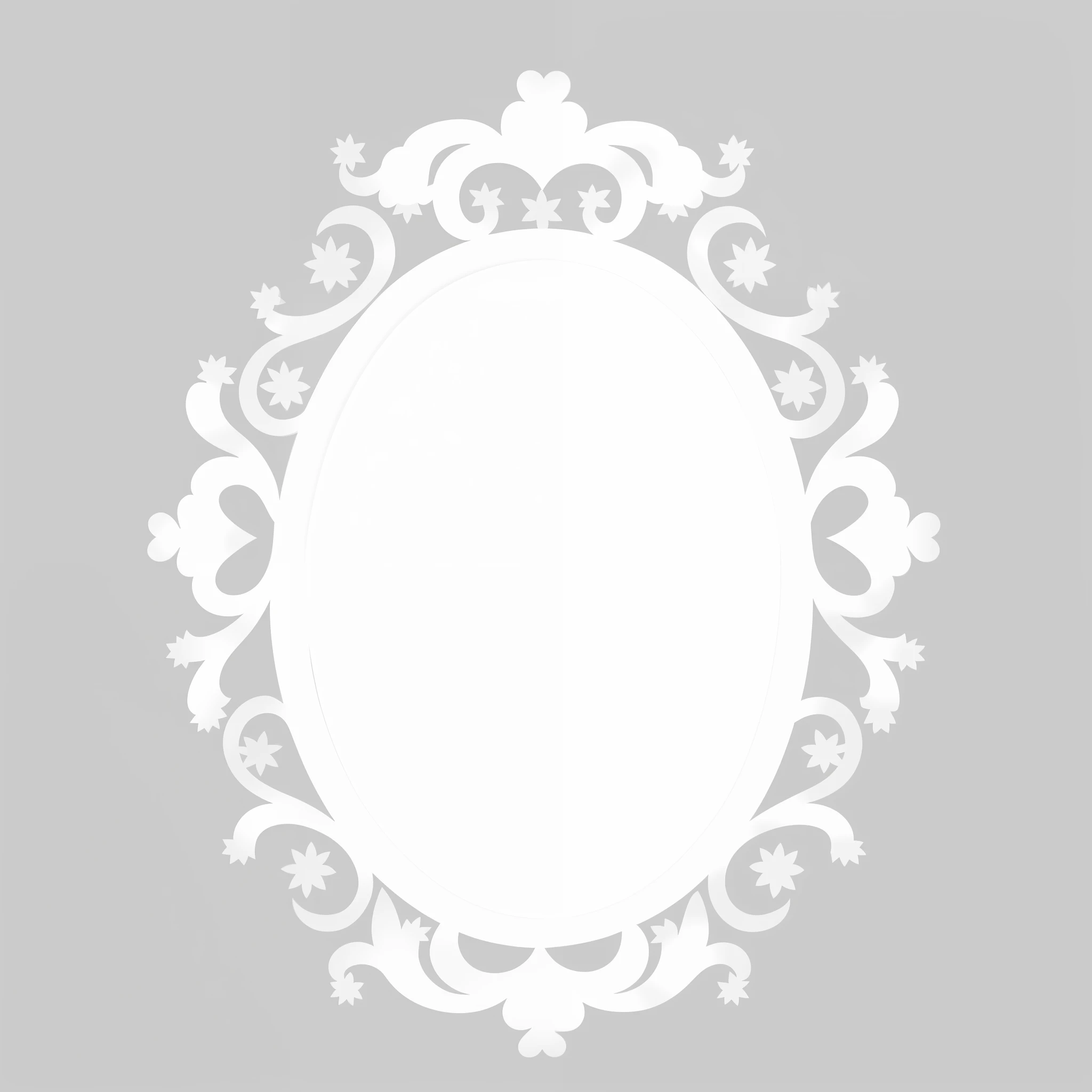 a close up of a white oval frame with a pattern on it, filigree frame, ornate border frame, ornate frame, white border frame, white frame border, mirror background, decorative frame, white elegant baroque design, baroque frame border, ornate portrait, white frame, white border and background, on a gray background, magnificent oval face, rococo ornament, ornate border --auto --s2
