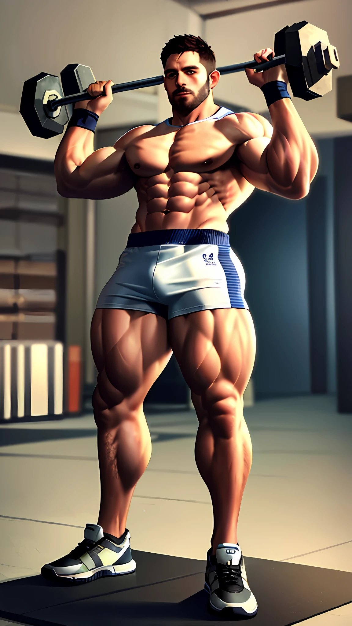 Muculous man holding two dumbbells in a gym, fit photo, full body photo, muscular whole body, 2 arms and 2 legs!, muscular shoulders, 2 , working out, legs and arms, 2 9 years old!!!, muscular! CrossFit, lifting weights, front pose, full body!, in good physical shape