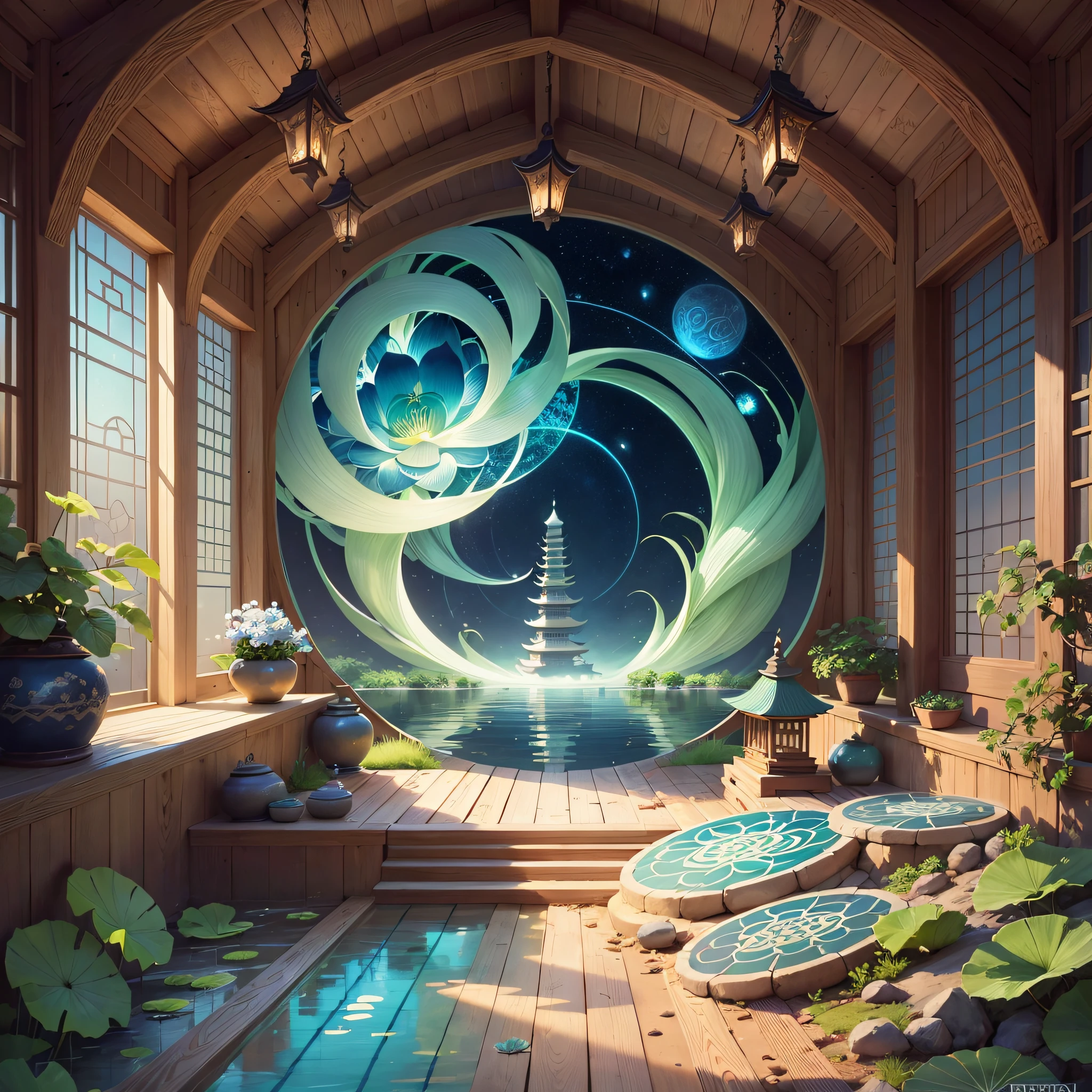 A Zen vibrations logo with a perfect circle in soft shades of blue and green, containing a stylized lotus flower in the center, conveying serenity and balance. The lotus flower is composed of delicate petals that open gradually, revealing a subtle combination of colors. The environment that surrounds it is a tranquil garden, with a lake mirroring the white clouds and a small pagoda in the background. The atmosphere is peaceful, inviting meditation and relaxation. Illustration, digital art, --ar 1:1 --v 5. --auto --s2