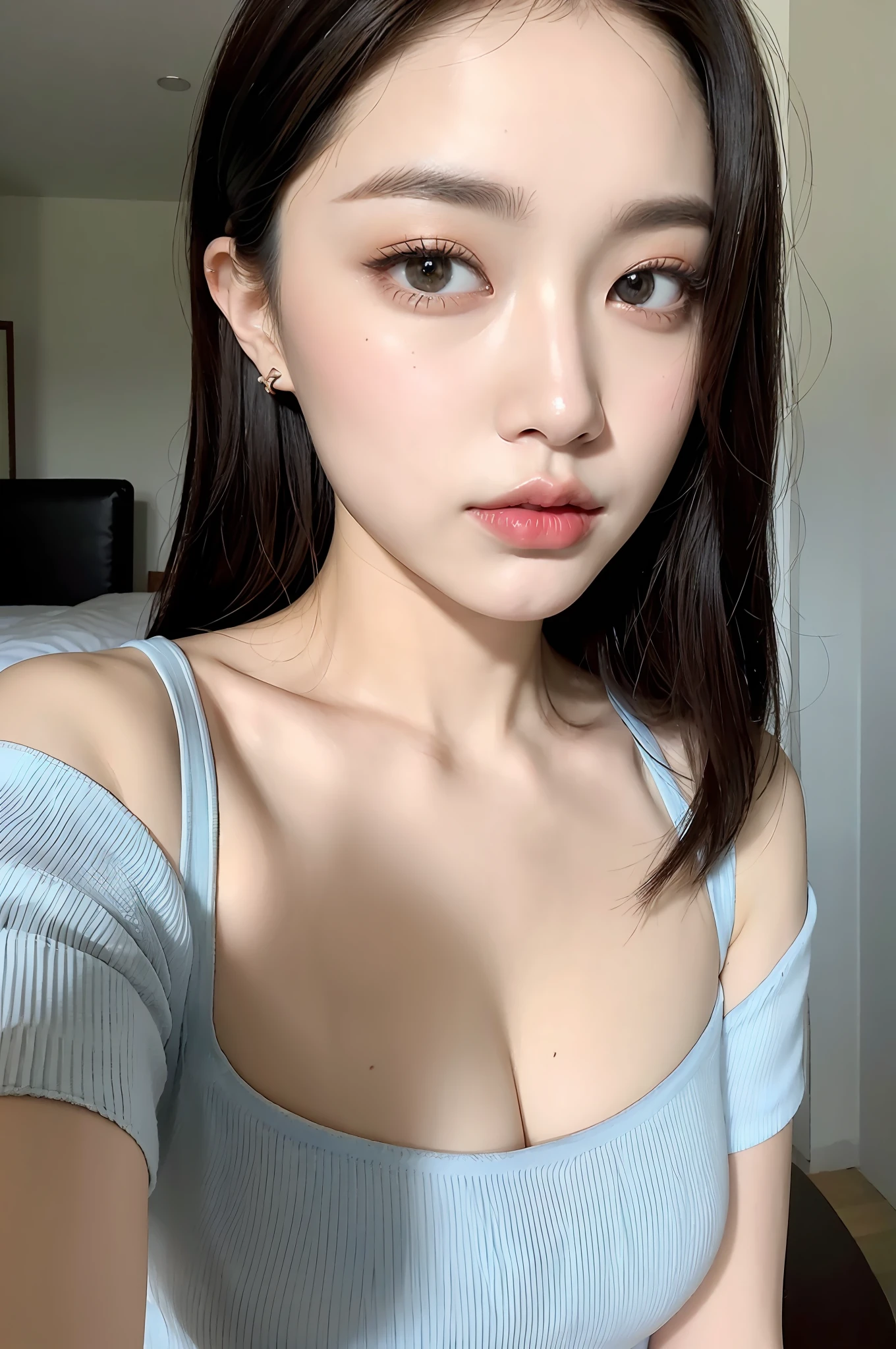 Fashion trendy beautiful and charming woman, gentle and charming Chinese beautiful woman, Korean(kpop-idol), delicate and sexy collarbone, charming oval face, double eyelids, smart peach blossom eyes, pink lips, small nose, bare shoulders, focus on the face, close-up of the face, Ultra-high-definition, super-detailed, the ((loose)), white off-the-shoulder shirt perfectly echoes the light blue high slit miniskirt, fresh and impressive, Natural(medium breasts:1.25), (nsfw:1.2)