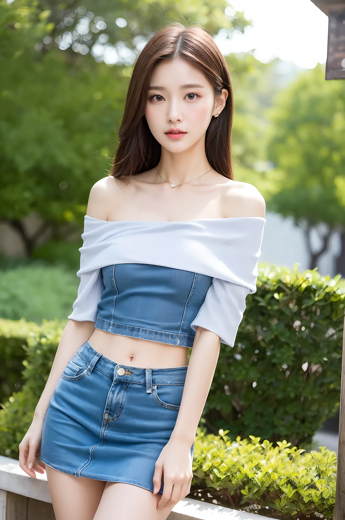 Fashion trendy beautiful and charming woman, gentle and charming Chinese beautiful woman, Korean(kpop-idol), delicate and sexy collarbone, charming oval face, double eyelids, smart peach blossom eyes, pink lips, small nose, bare shoulders, focus on the face, close-up of the face, Ultra-high-definition, super-detailed, the ((loose)), white off-the-shoulder shirt perfectly echoes the light blue high slit miniskirt, fresh and impressive, Natural(medium breasts:1.25), (nsfw:1.2)
