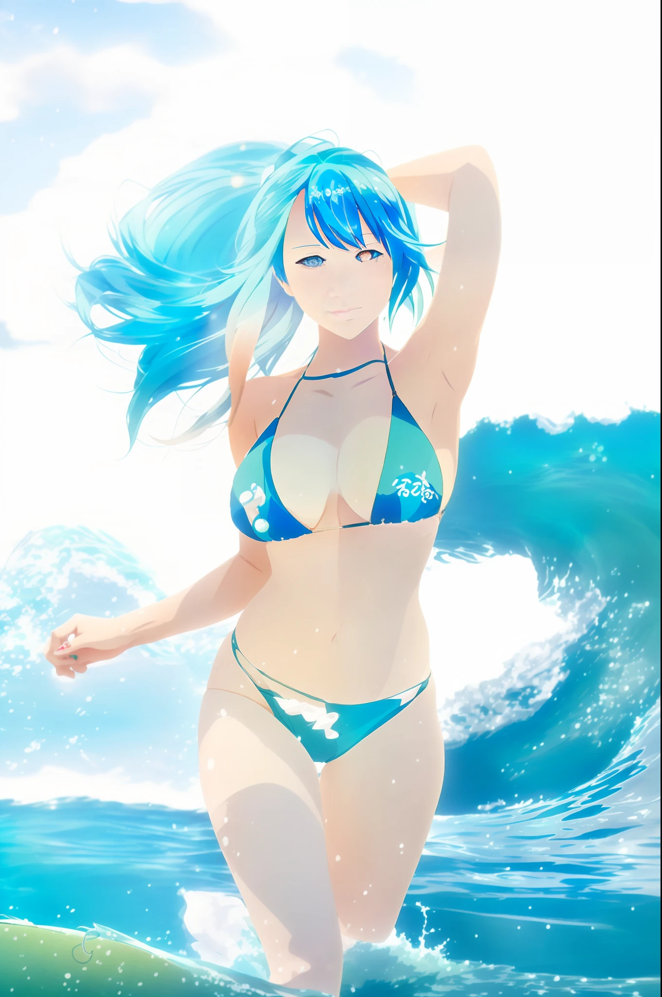 arafed woman in a bikini standing in the ocean with a wave, asuka as a surfer model, blue bikini, asian female water elemental, beautiful blue haired girl, anime girl cosplay, goddess of the ocean, azure ocean, beautiful alluring anime woman, seductive anime girl, realistic bikini, pretty girl with blue hair, anime girl in real life, stunning waves