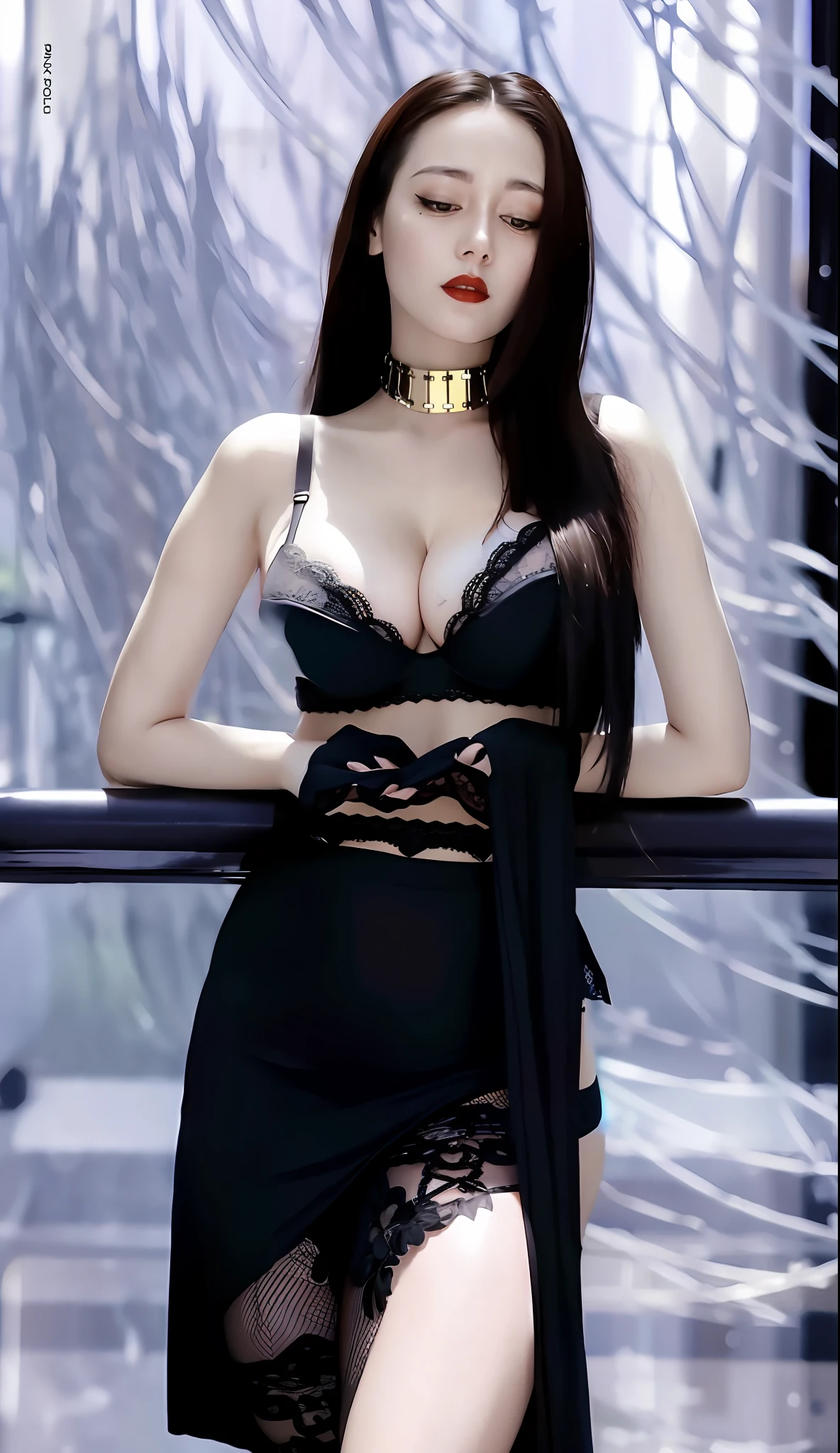 Big breasts, cleavage, crop top, black lace bra, black lace panties, black fishnet socks