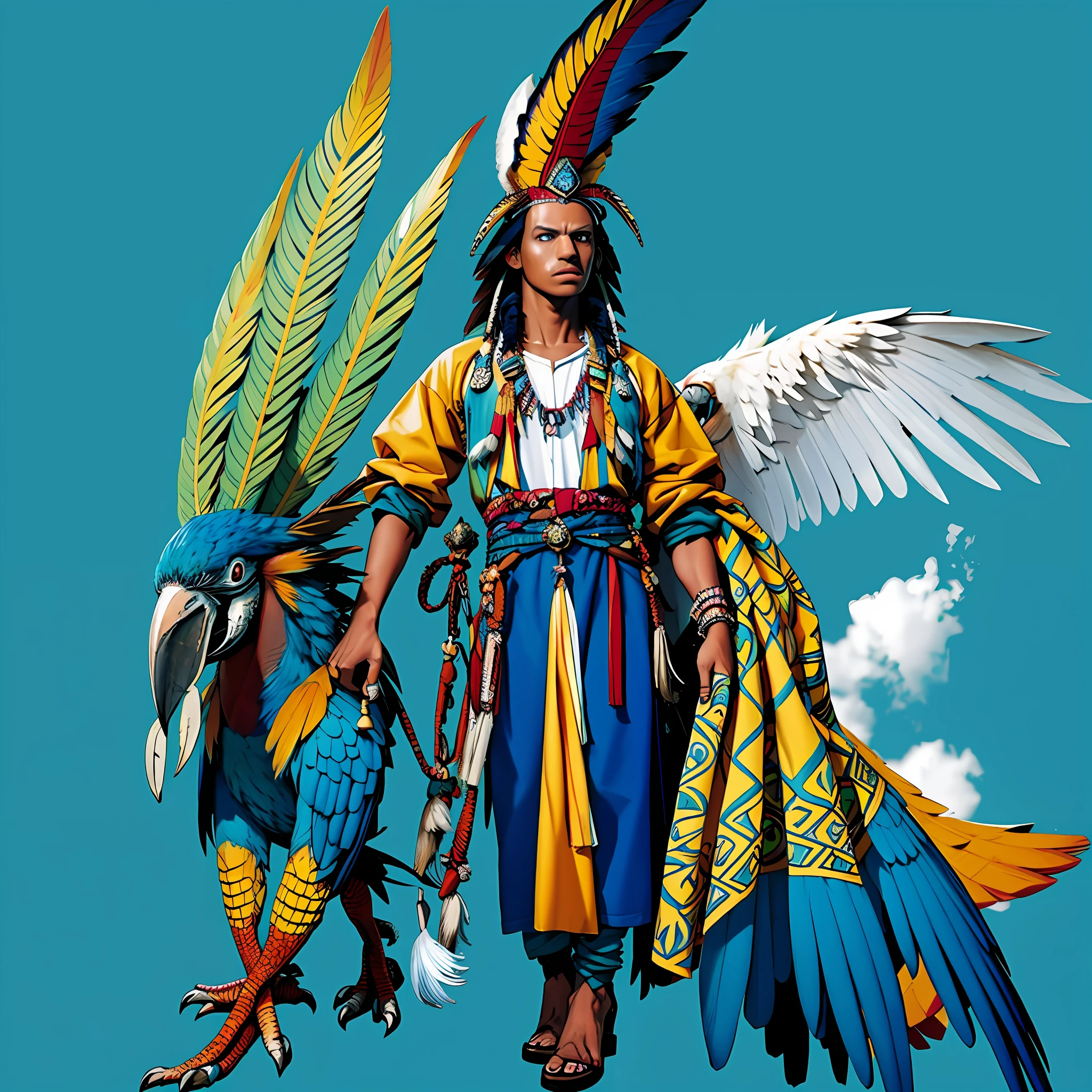 "Masterpiece, A majestic humanoid god with native brown skin, , adorned with some blue macaw feathers, human body and face, macaw makeup; dressed in a tupi-guarani outfit, wearing a macaw crown, set against a simple background, Full body picture"