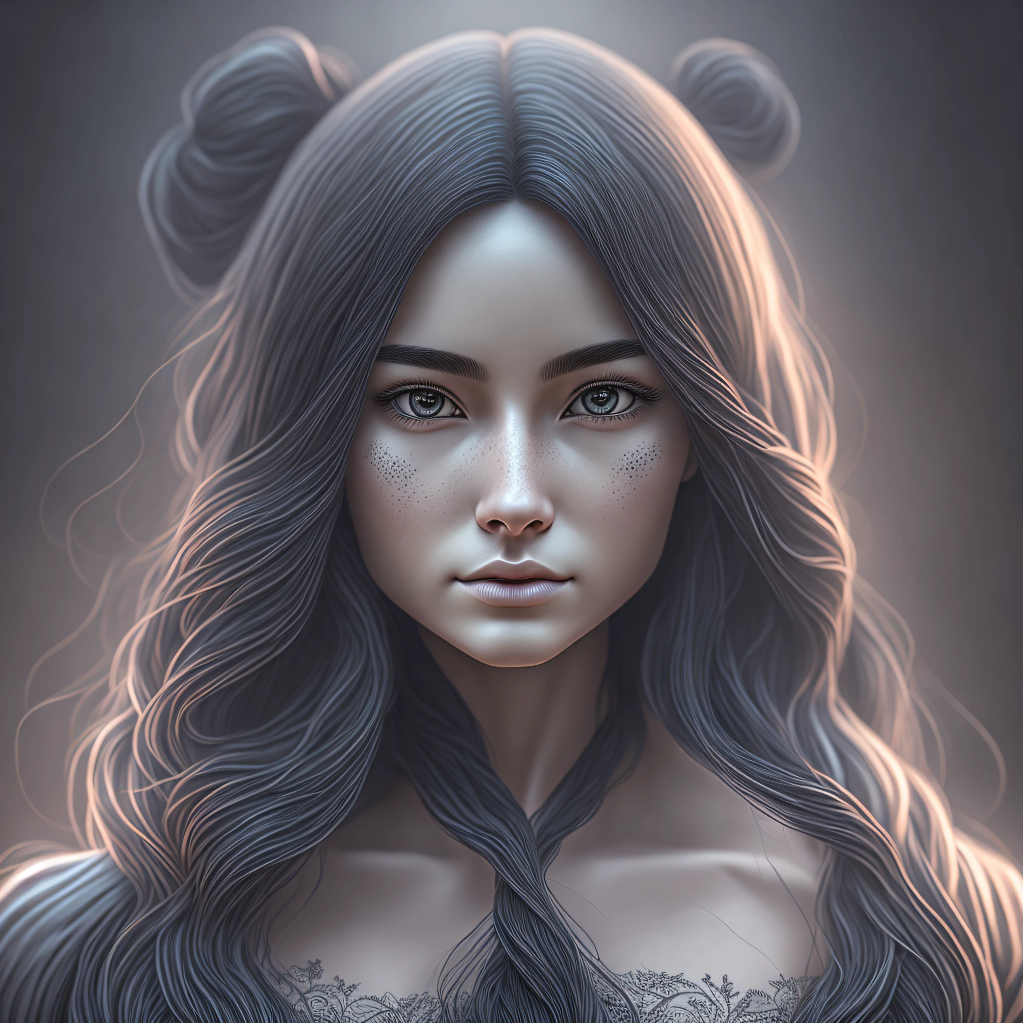 Front photo, Detailed woman's face, with fog and shadows, wavy and long black hair, high quality, ultra-detailed, 8k, masterpiece, (volumetric lighting), black magic, fanciful --auto --s2