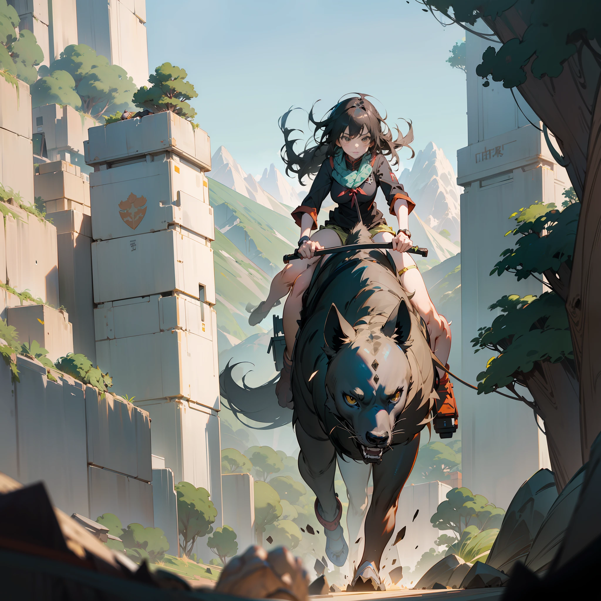 a woman riding a giant hyena in the mountains, krenz cushart and wenjun lin, artgerm and atey ghailan, cushart kenz, badass anime 8 k, anime style 4 k, :14 flcl + akira, krenz cushart and artem demura