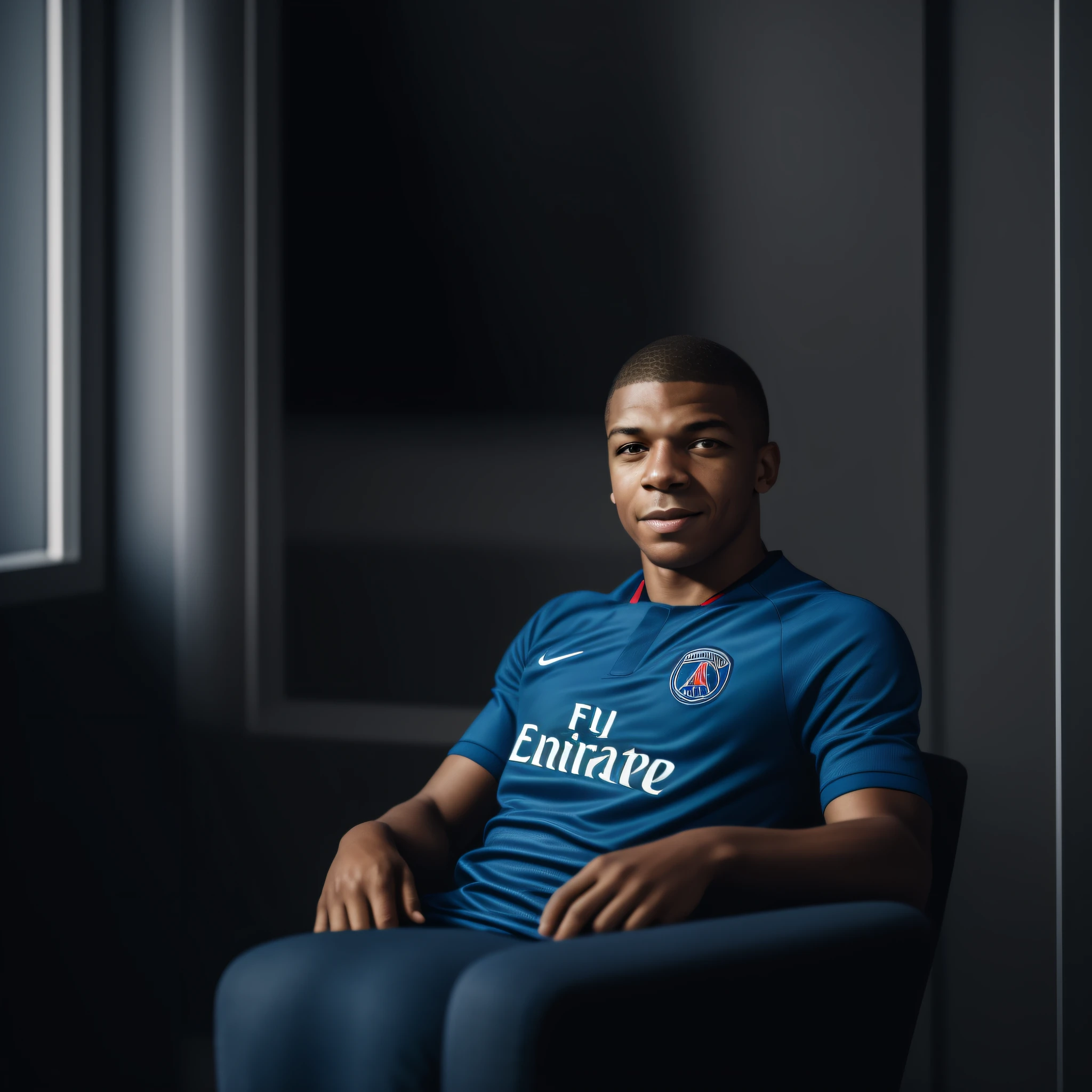 A photograph of Mbappe, sitting in an armchair, his gaze fixed on the camera, as he wears the PSG shirt. The surrounding room is elegantly decorated in shades of blue and red, matching the club colours. Natural light gently enters through the windows, illuminating the environment. Mbappe exudes confidence and determination in his facial expression. The photograph will be captured with a DSLR camera, using a 50mm lens to ensure a sharp and detailed image. --ar 16:9 --v 5