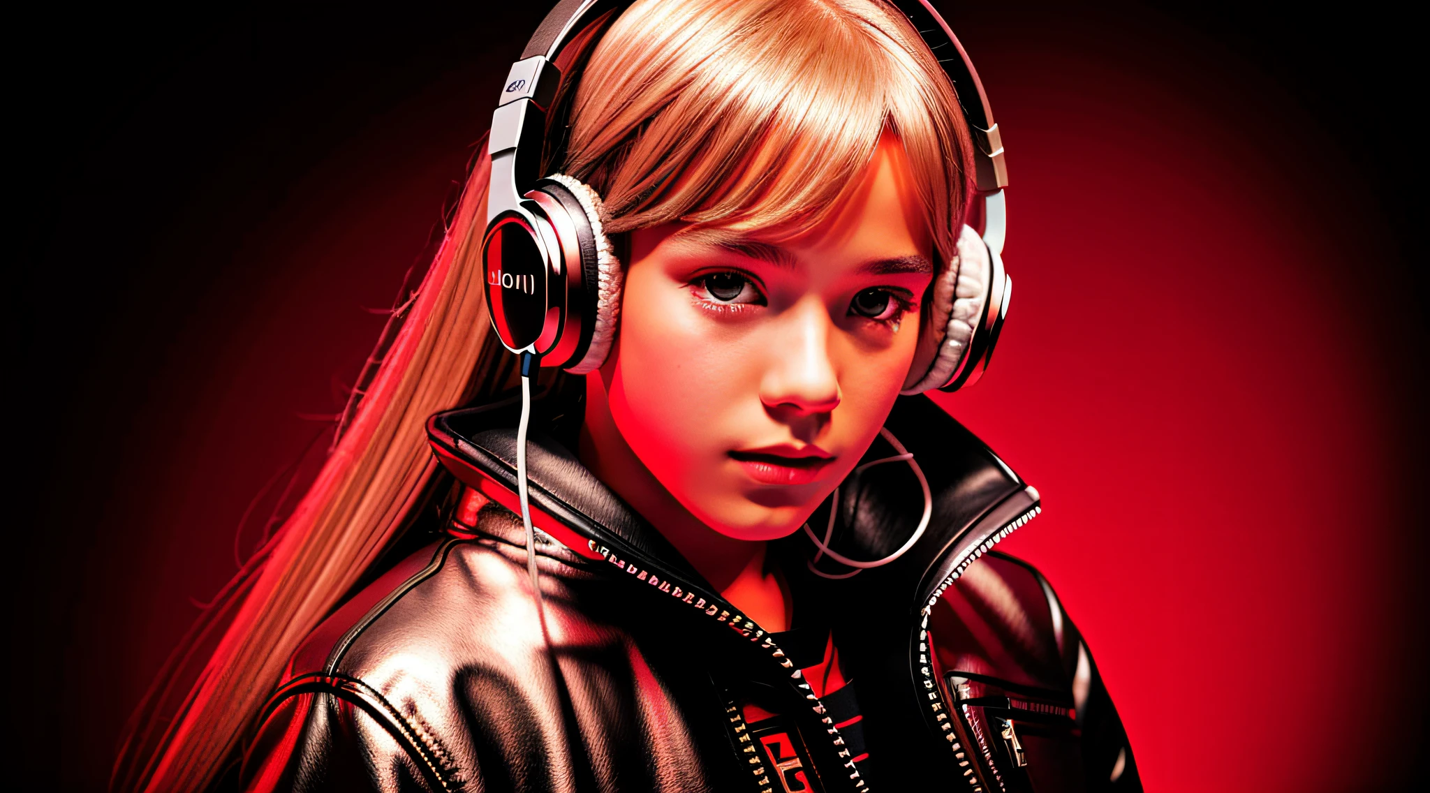 BOY child 12 years old, RUSSIAN BLONDE long hair and headphones, portrait, SILVER LEATHER JACKET, VINYL AND CDS red background. --auto --s2